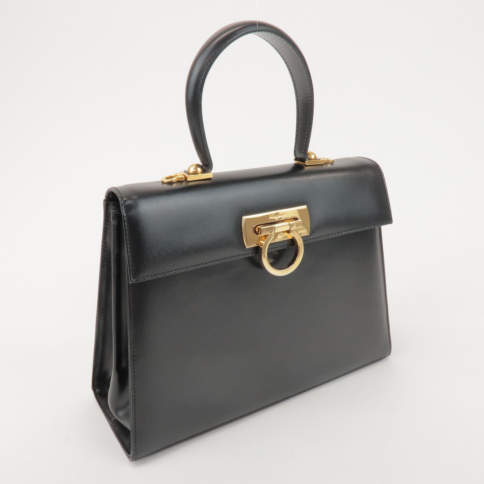 Ferragamo Gancini Calf Leather 2Way Bag Hand Shoulder Bag Black