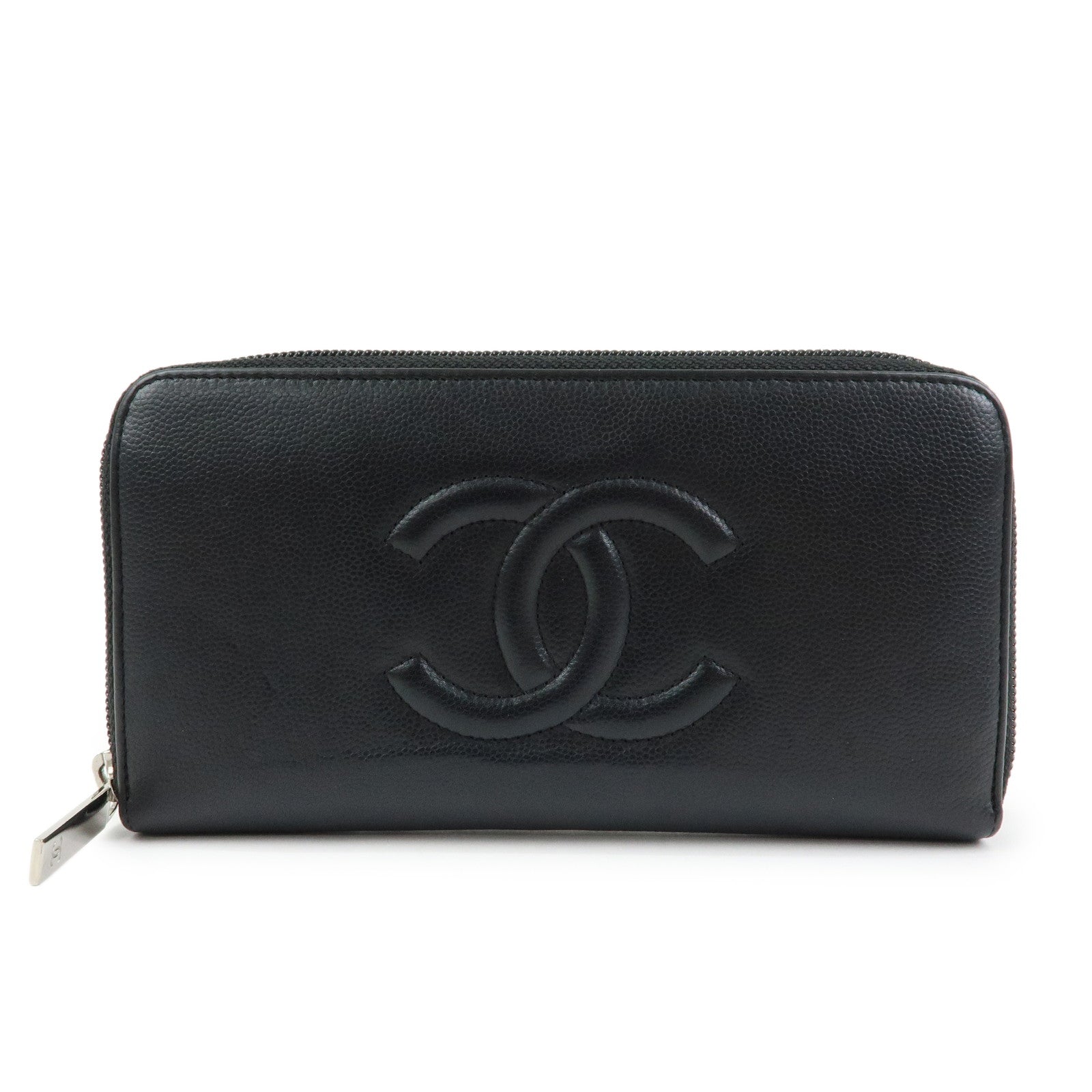 CHANEL COCO Mark Caviarskin Round Zippy Wallet Black Silver