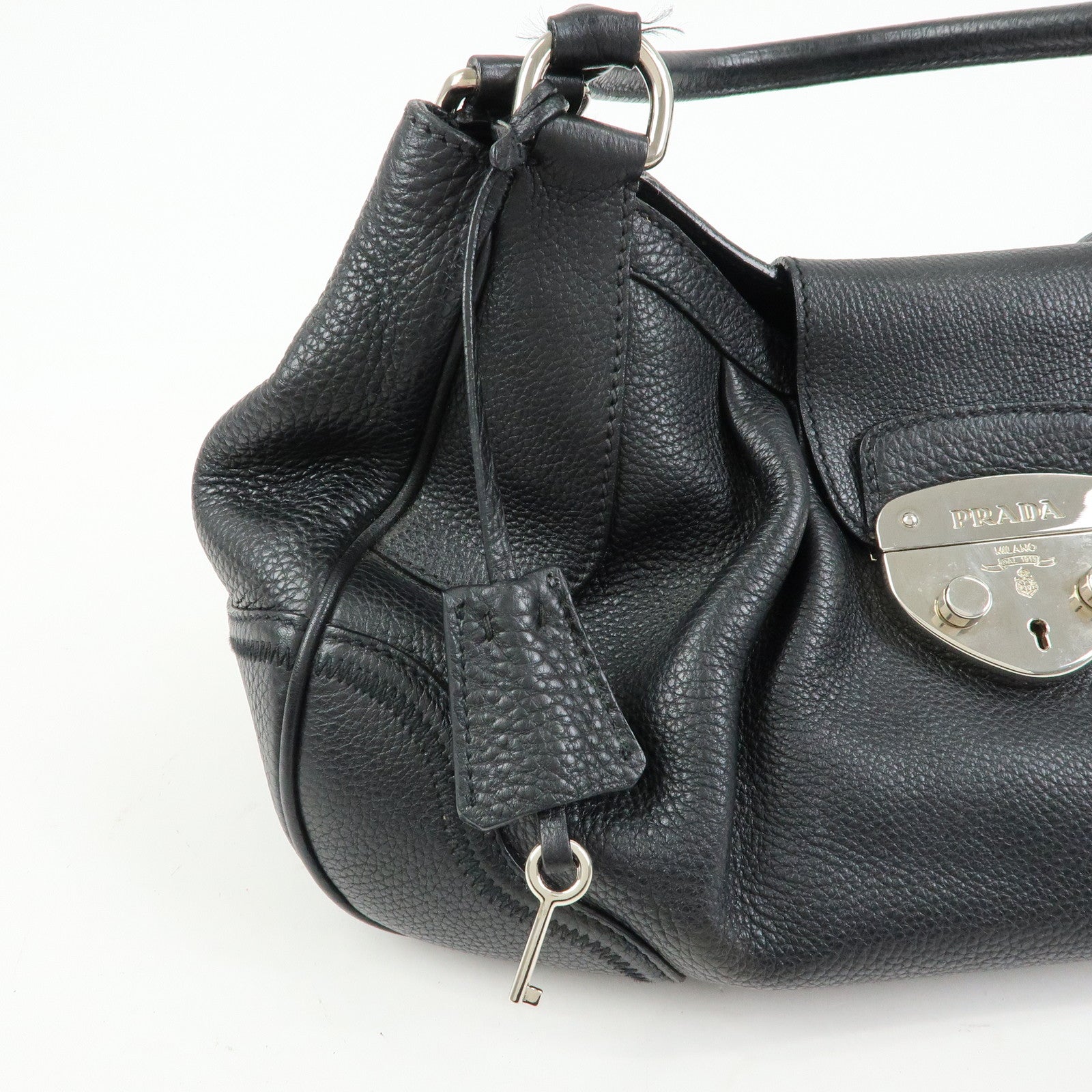 PRADA Sound Lock Leather Shoulder Bag Hand Bag Black B3595