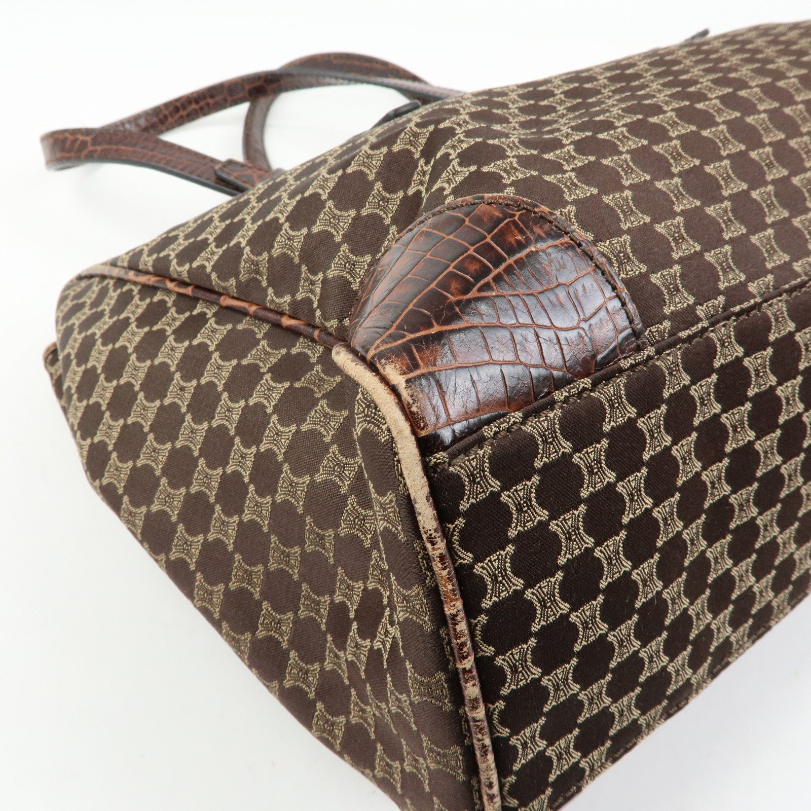 CELINE Macadam Embsossed Leather Canvas Tote Bag Hand Bag Brown