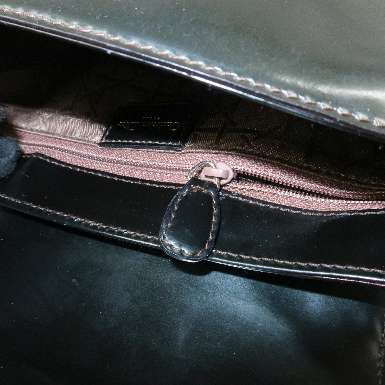 Christian Dior Enamel Leather Maris Pearl Shoulder Bag Hand Bag Khaki Used