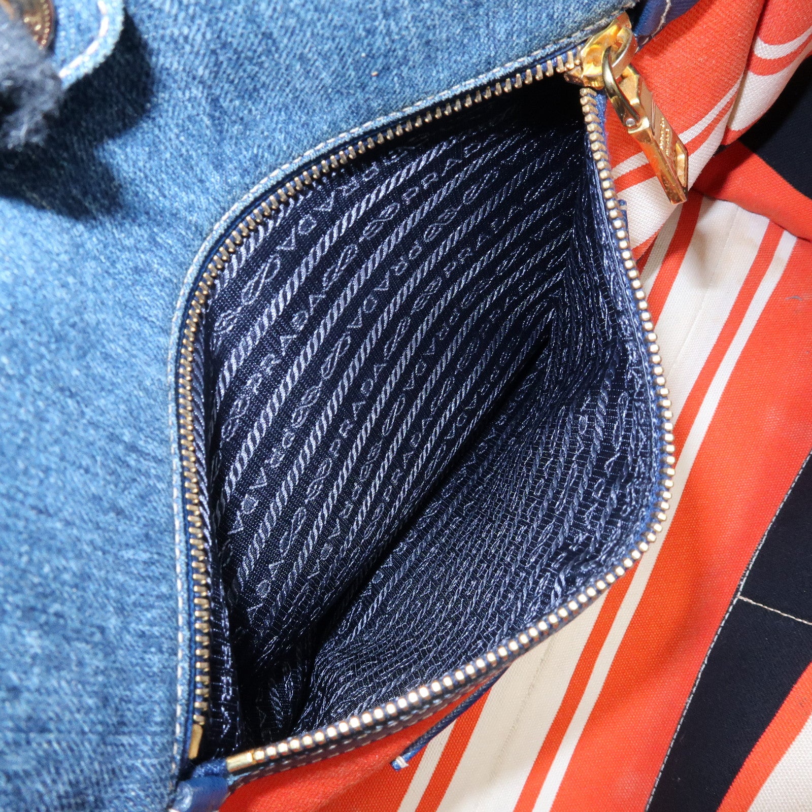 PRADA Triangle Logo Denim Tote Bag Hand Bag Blue BN2254