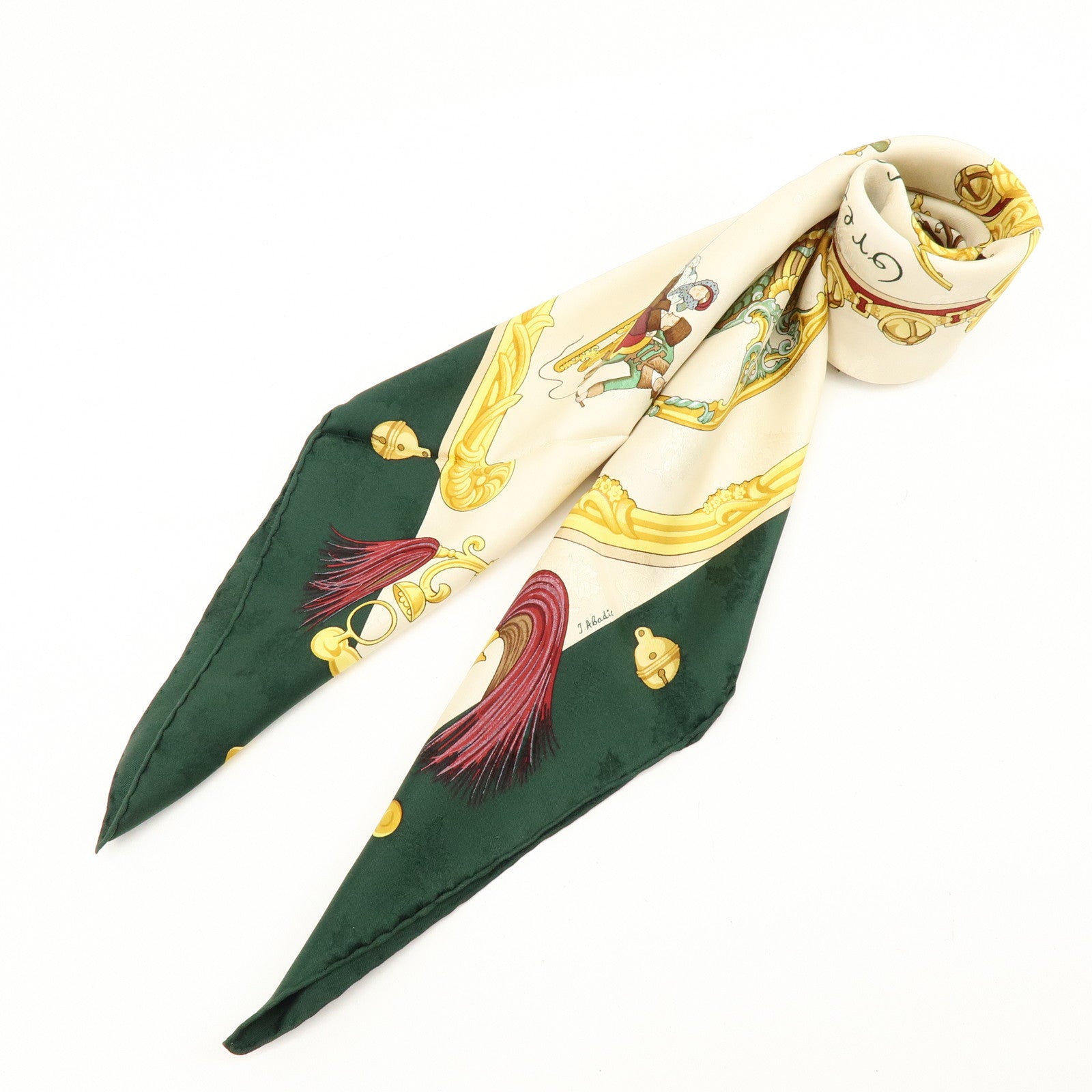 HERMES Carre 90 100% Silk Scarf Plumes et Grelots Moss Green Beige