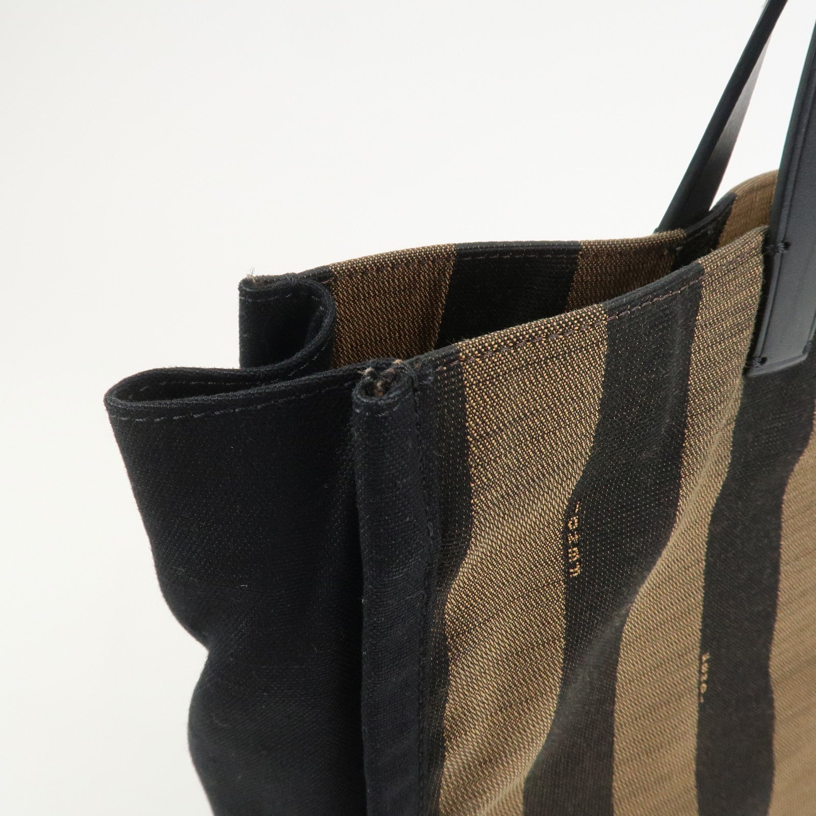 FENDI Pequin Canvas Leather Tote Bag Hand Bag Black Brown 8BH252
