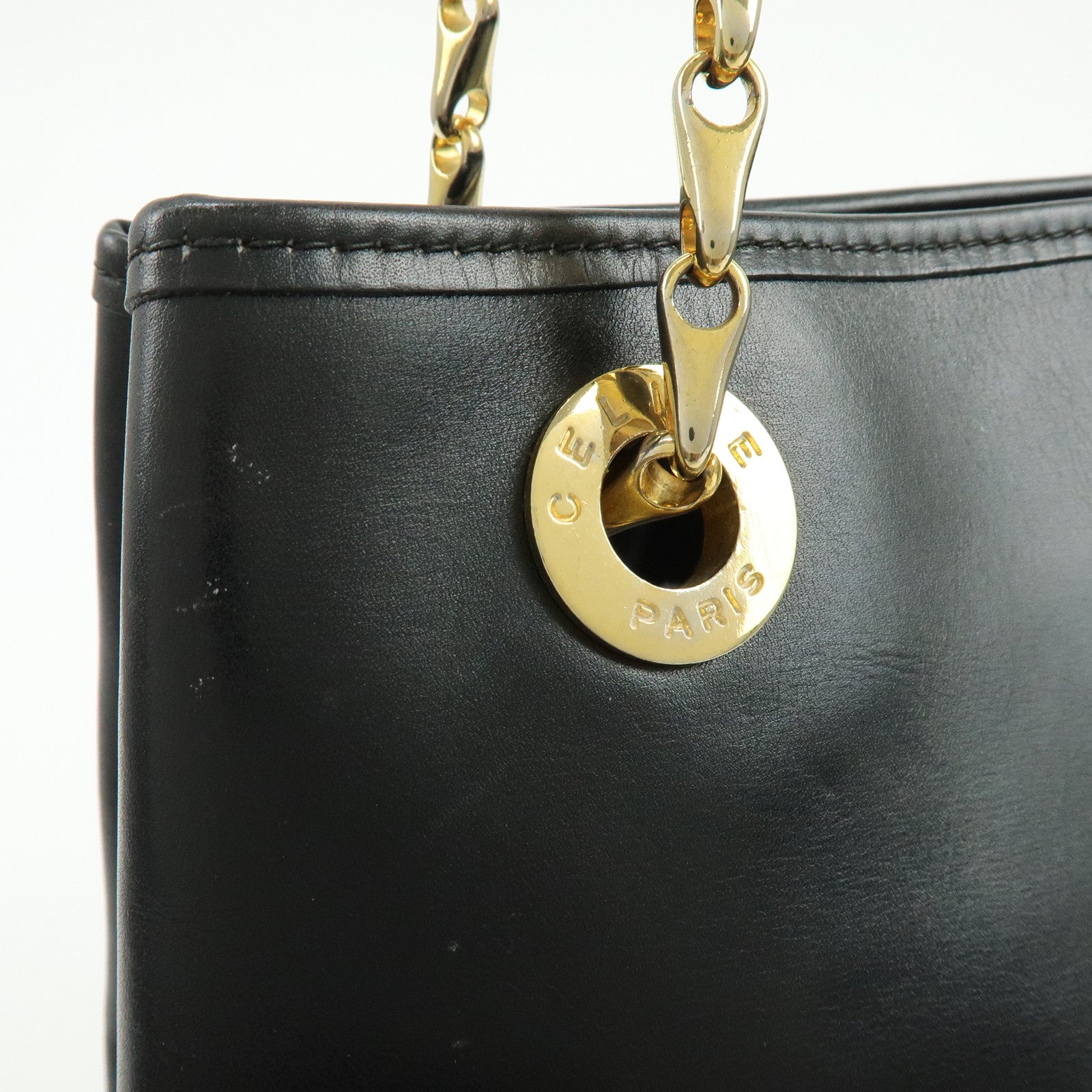 CELINE Leather Tote Bag Chain Shoulder Bag Black