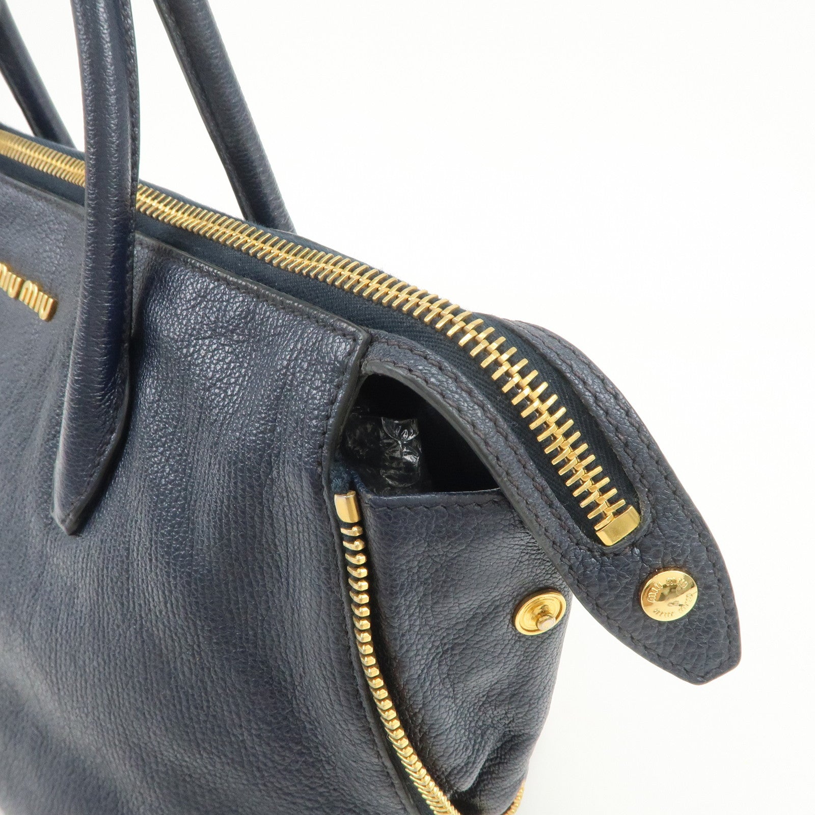 MIU MIU Madras Leather 2WAY Bag Hand Bag Shoulder Bag Navy RN1016