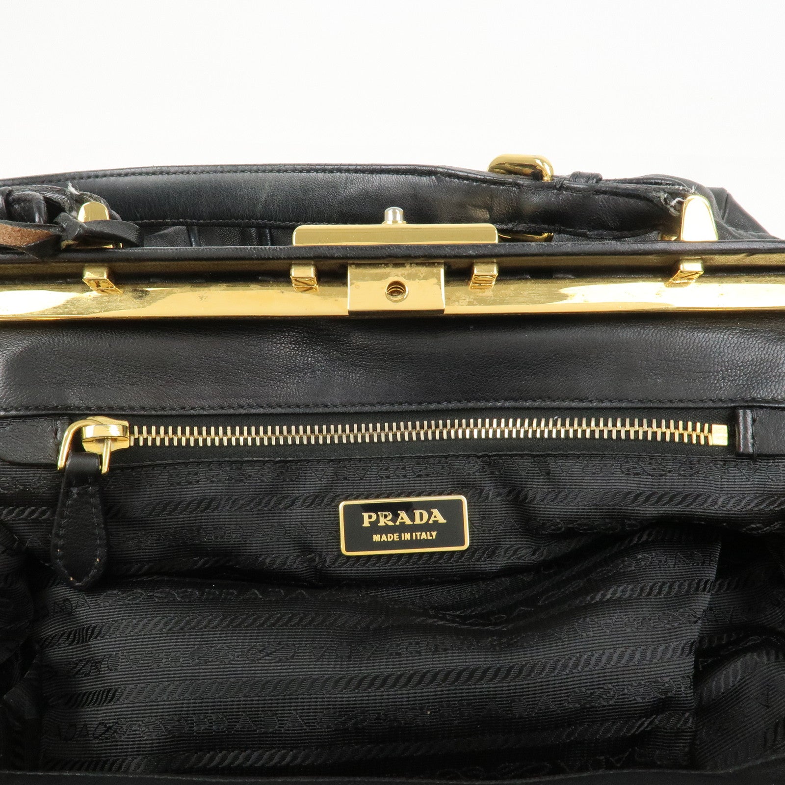 PRADA Logo Nappa Leather Gathered Shoulder Bag Hand Bag Black