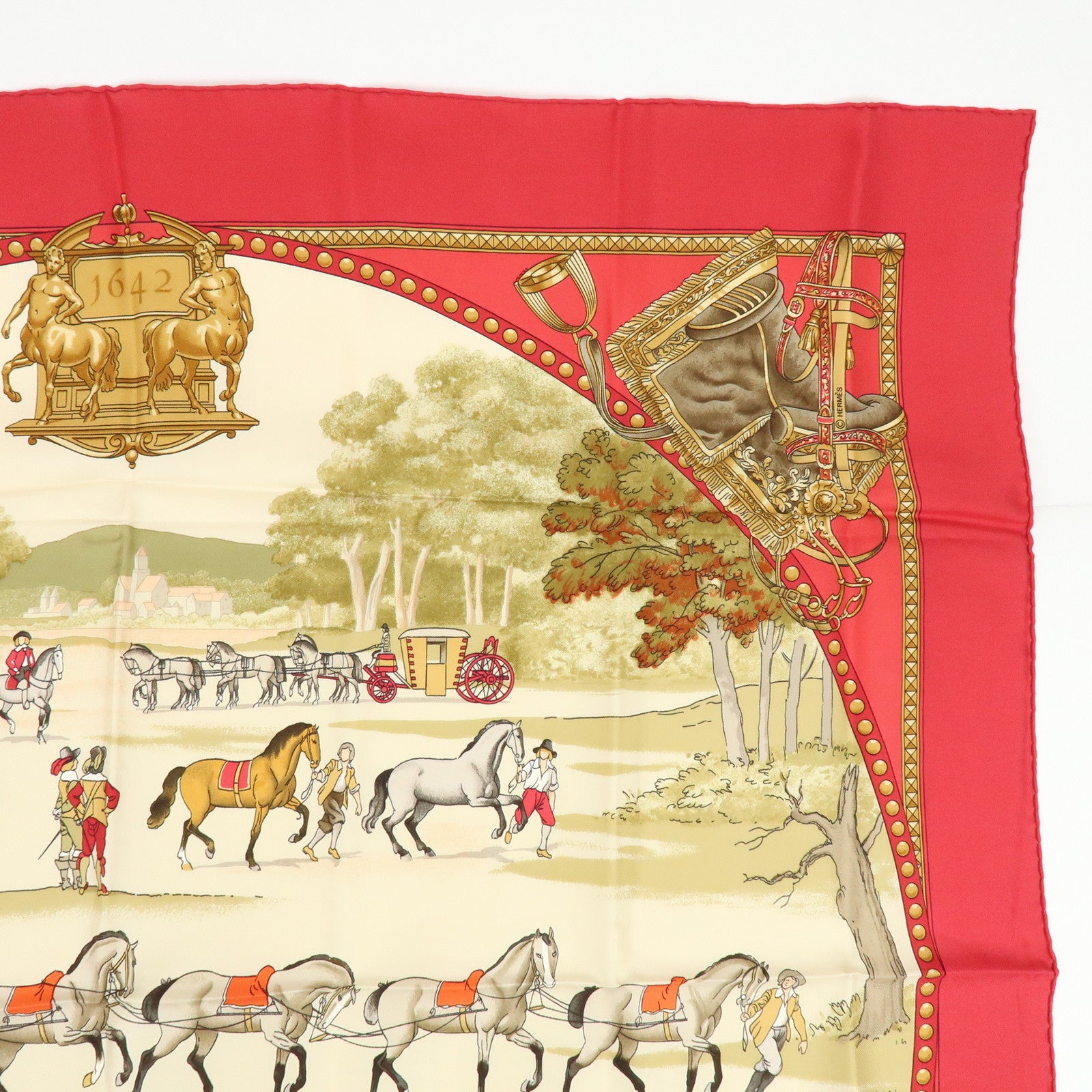 HERMES Carre 90 Silk 100% Scarf PRESENTATION DE CHEVAVX Beige Red