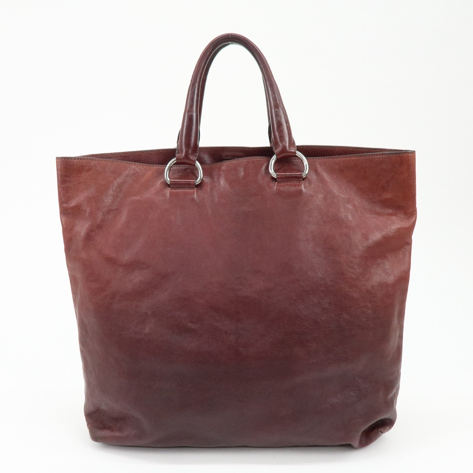 PRADA Triangle Logo Gradation Leather Tote Bag Hand Bag Bordeaux
