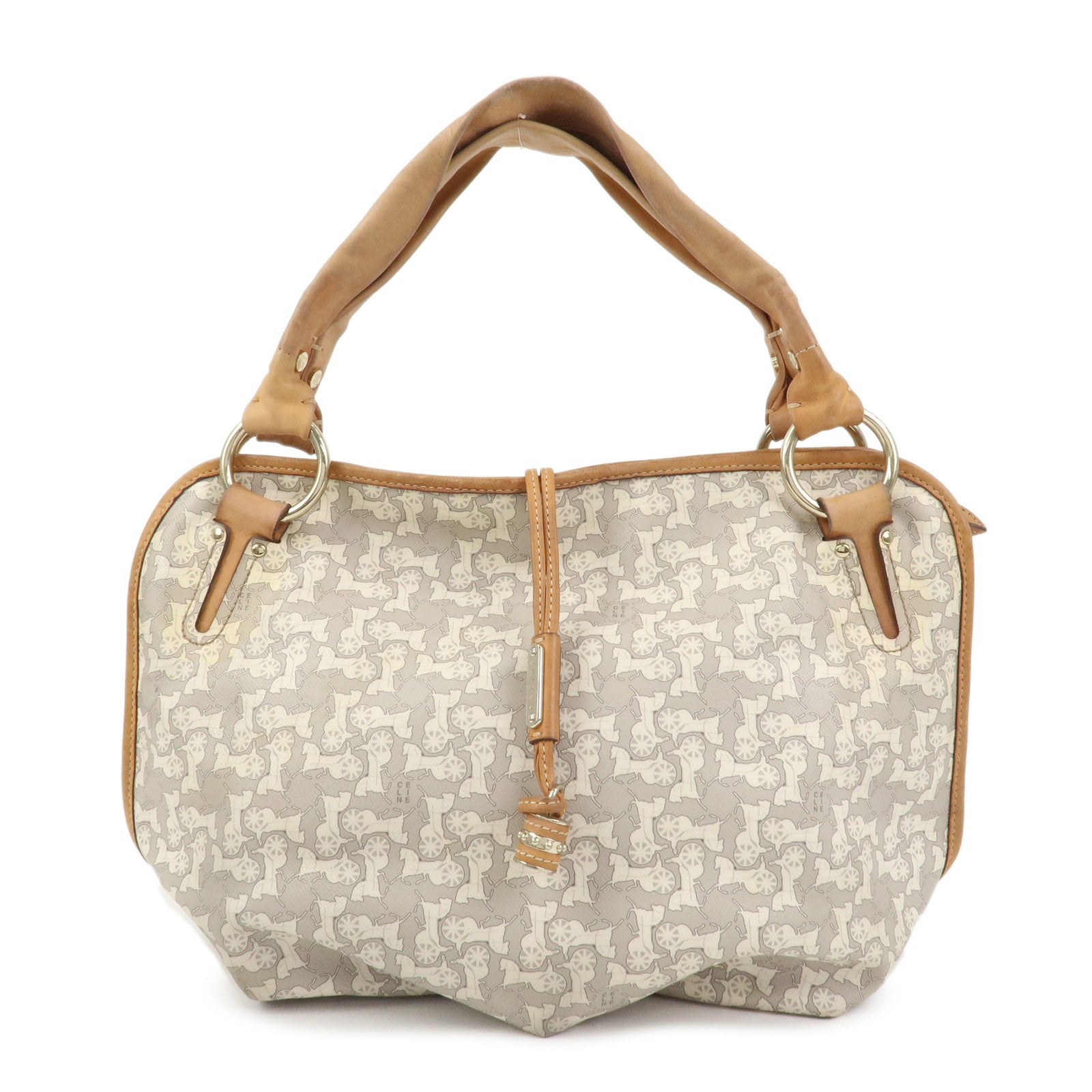 CELINE Logo Leather Hand Bag Shoulder Bag Gray Light Brown