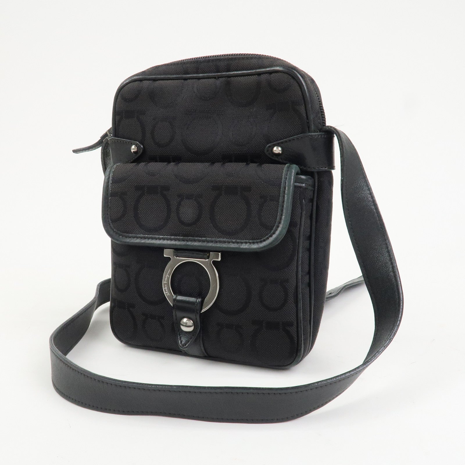 Ferragamo Gancini Logo Canvas Leather Crossbody Shoulder Bag Black
