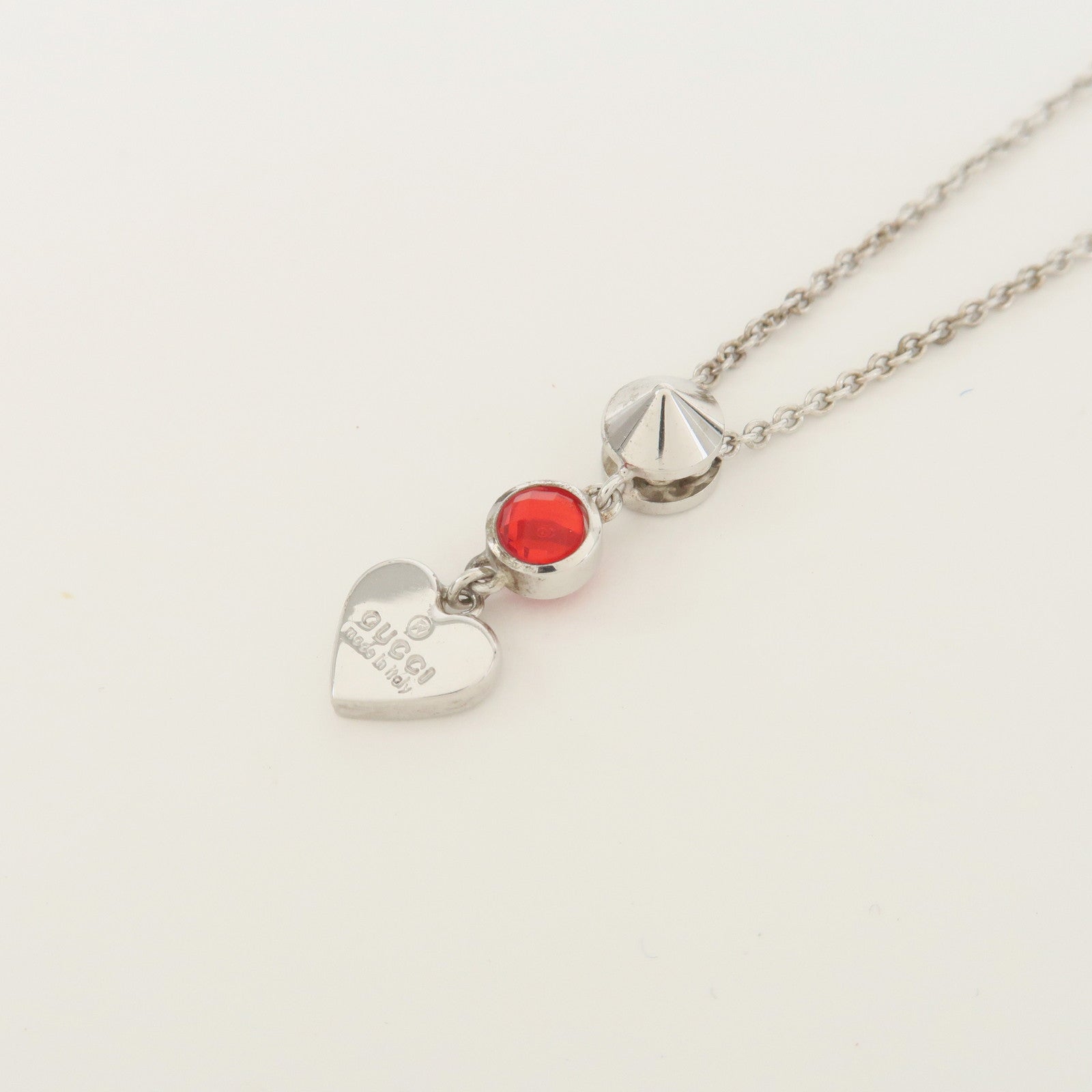 GUCCI SV925 Rhinestone Necklace Heart Silver Red 325871