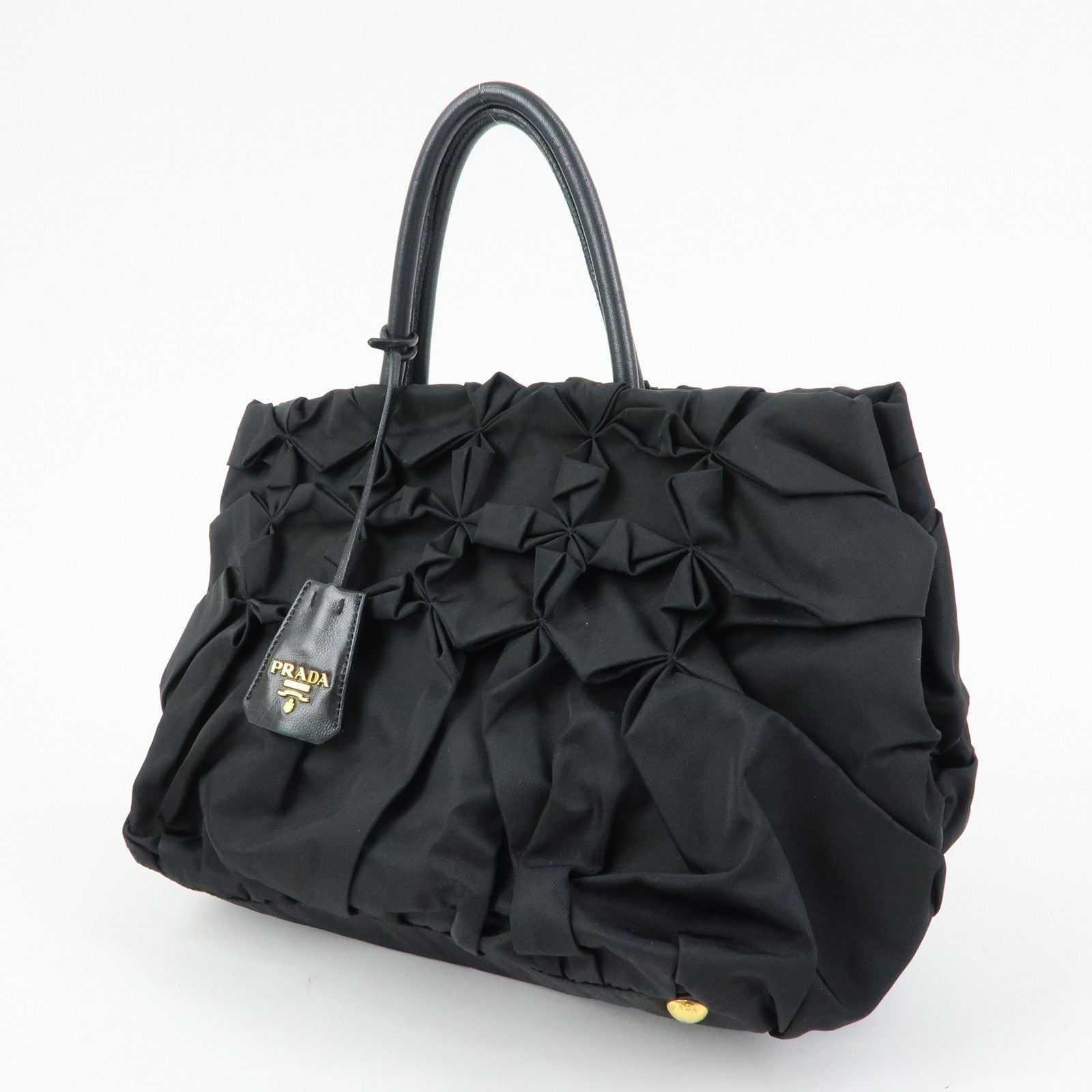 PRADA Triangle Logo Nylon Leather Hand Bag Tote Bag Black BN1701