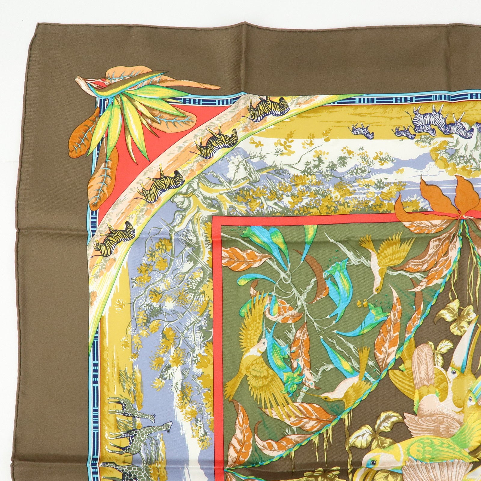 HERMES Carre 90 Silk 100% Scarf TROPIOUES Brown