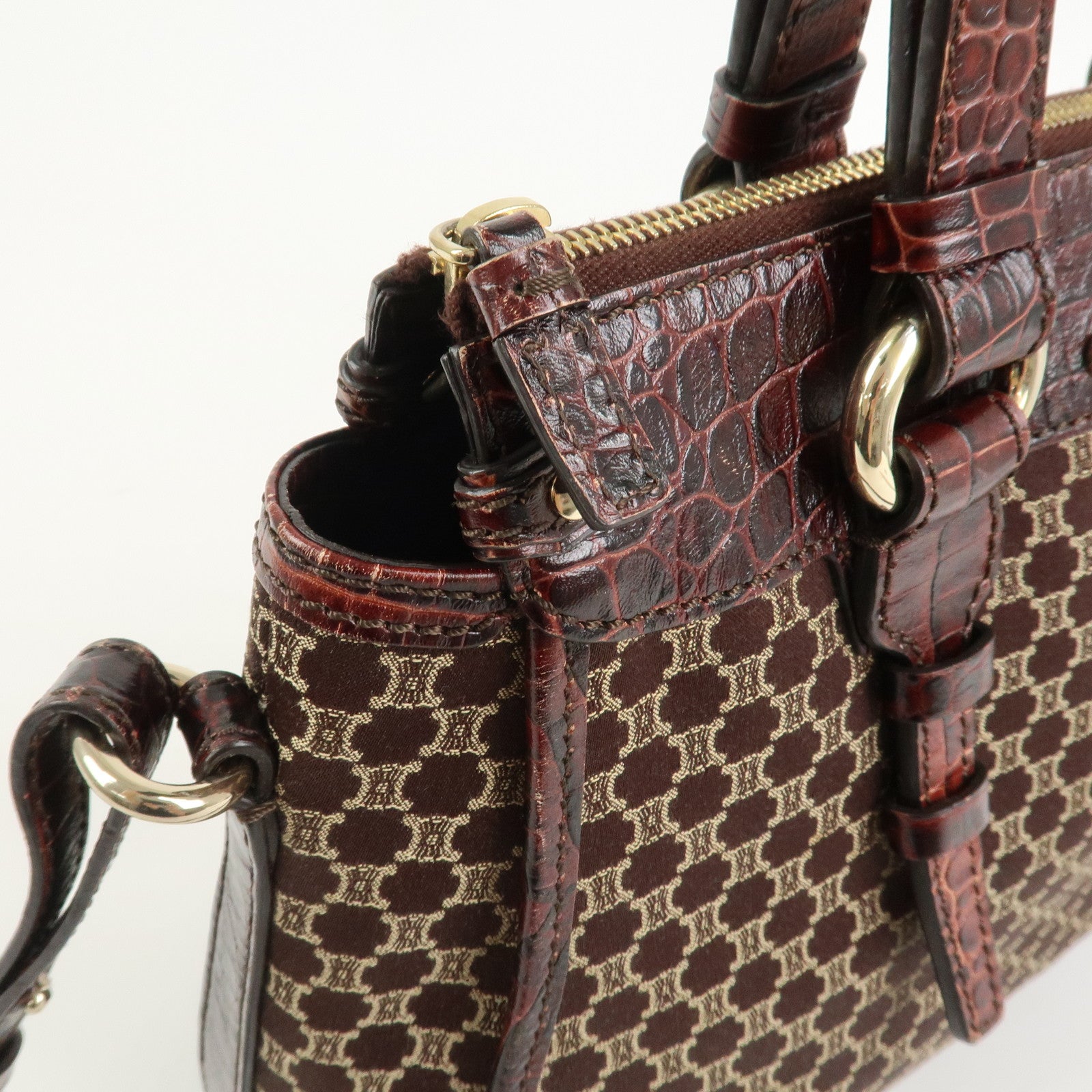 CELINE Macadam Canvas Emboss Leather 2 Way Bag Hand Bag Brown