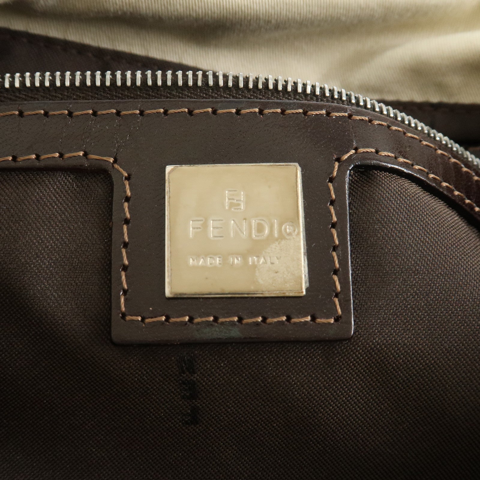 FENDI Mamma Baguette Canvas Leather Shoulder Bag Ivory Brown 26325