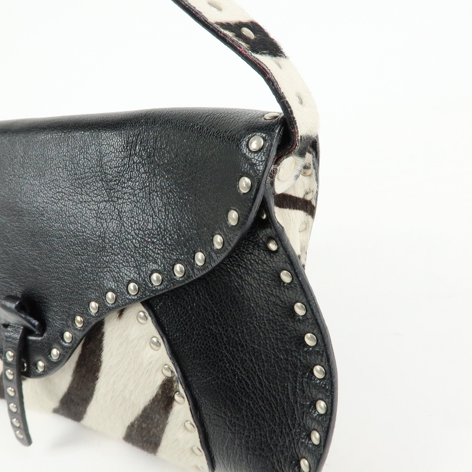 CELINE Haircalf Leather Studs Hand Bag Zebra Print Black White