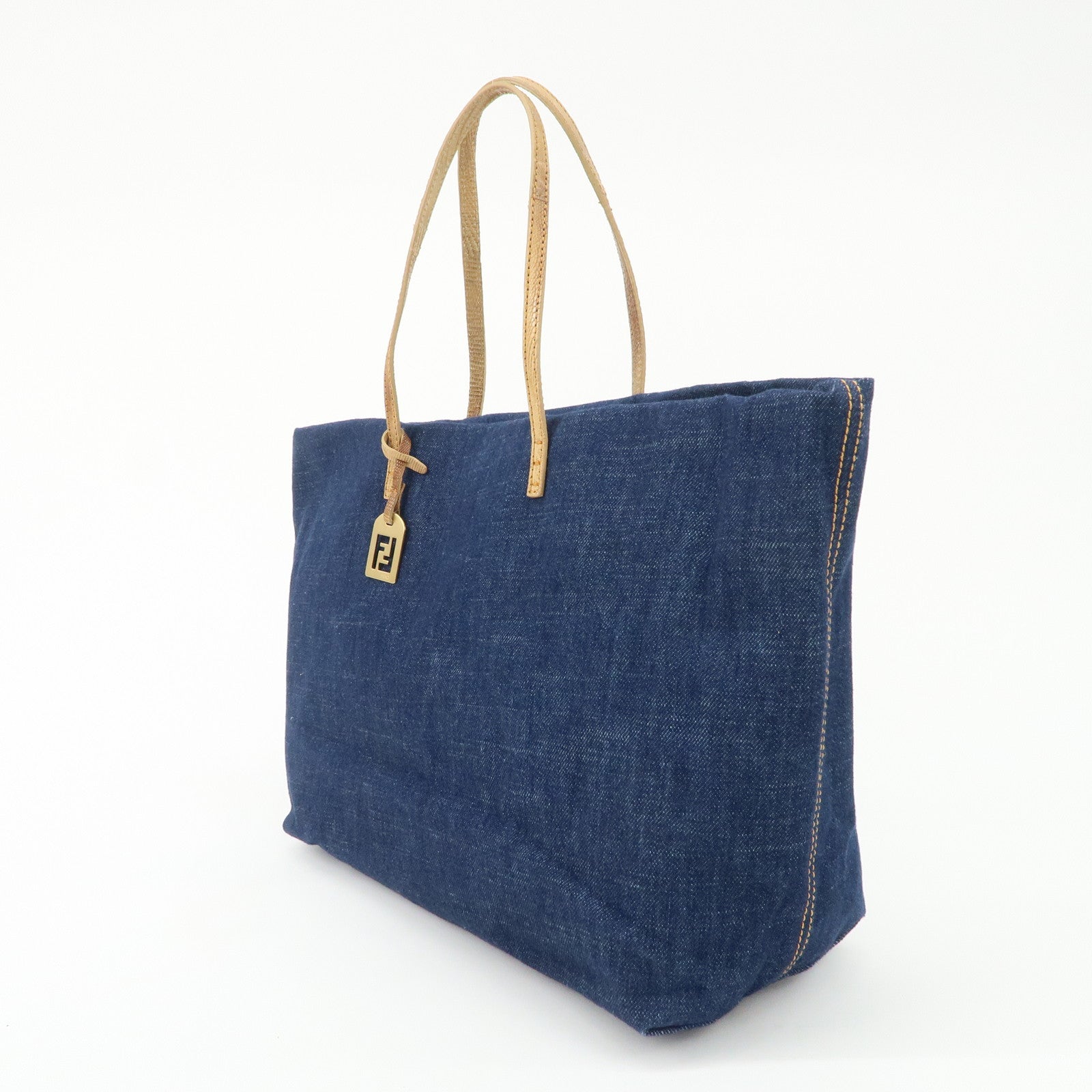 FENDI Denim Tote Bag Hand Bag Logo Charm Navy