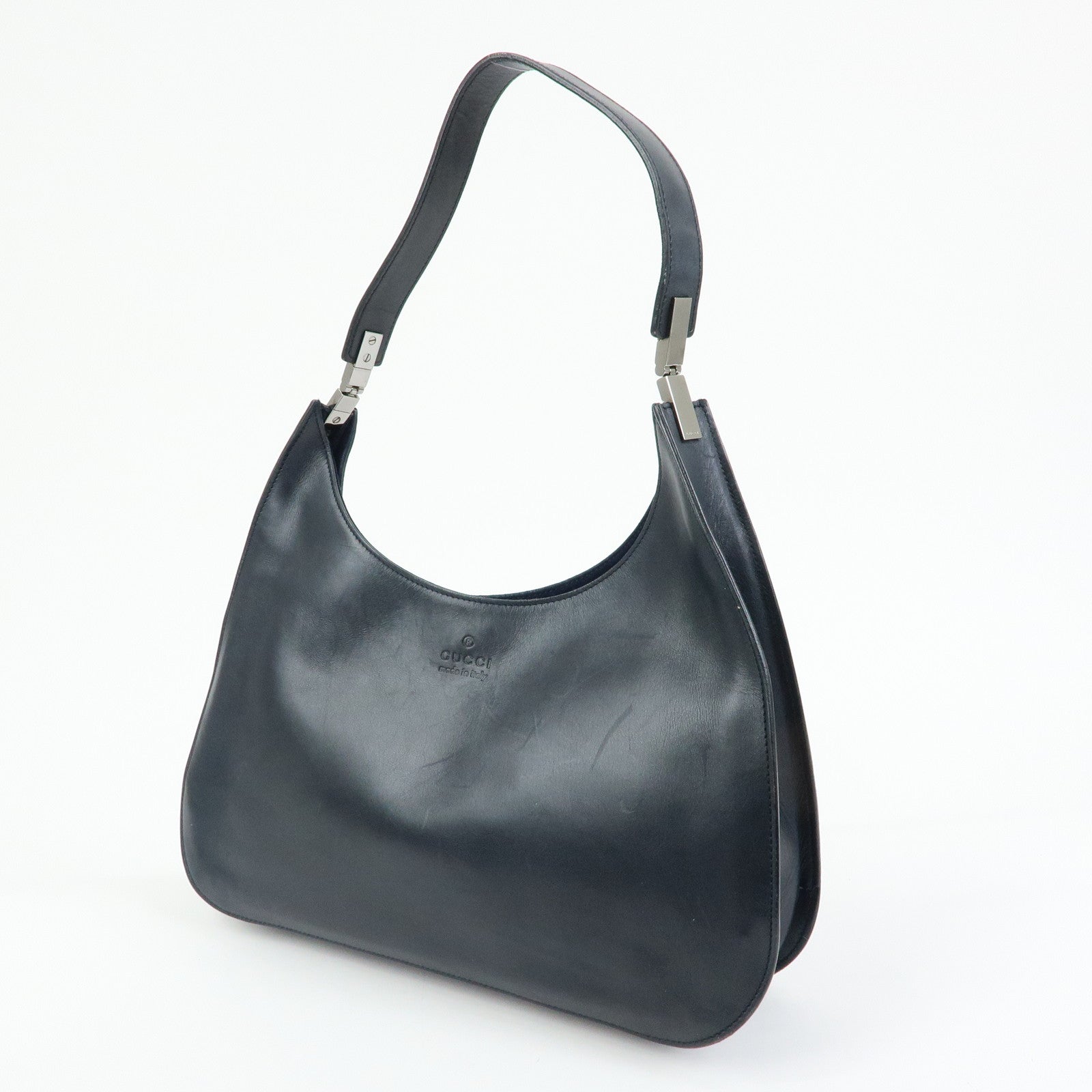 GUCCI Logo Leather Shoulder Bag Hand Bag Navy 001・3767