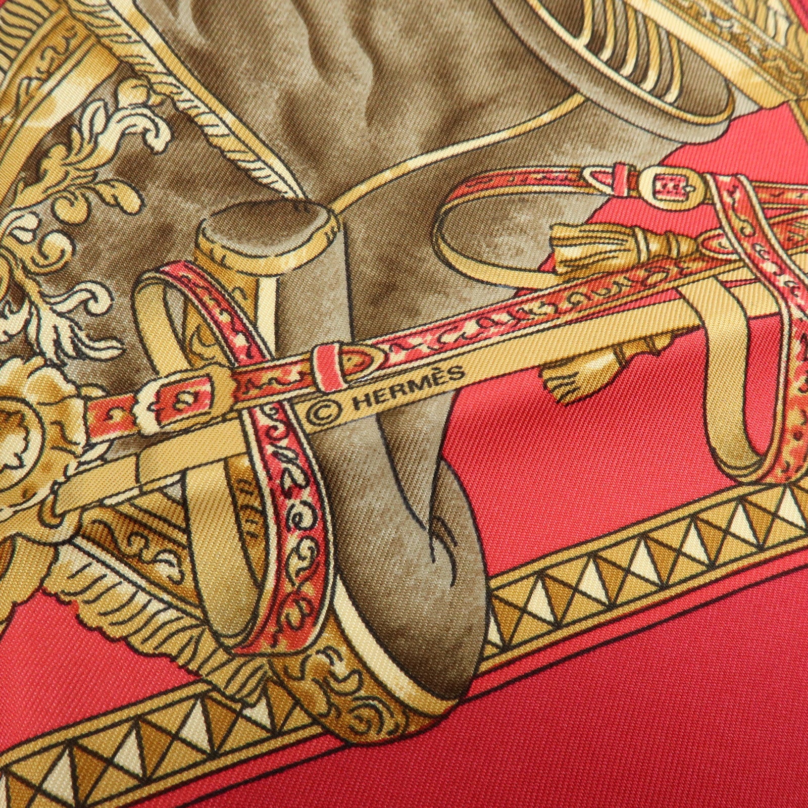 HERMES Carre 90 Silk 100% Scarf PRESENTATION DE CHEVAVX Beige Red