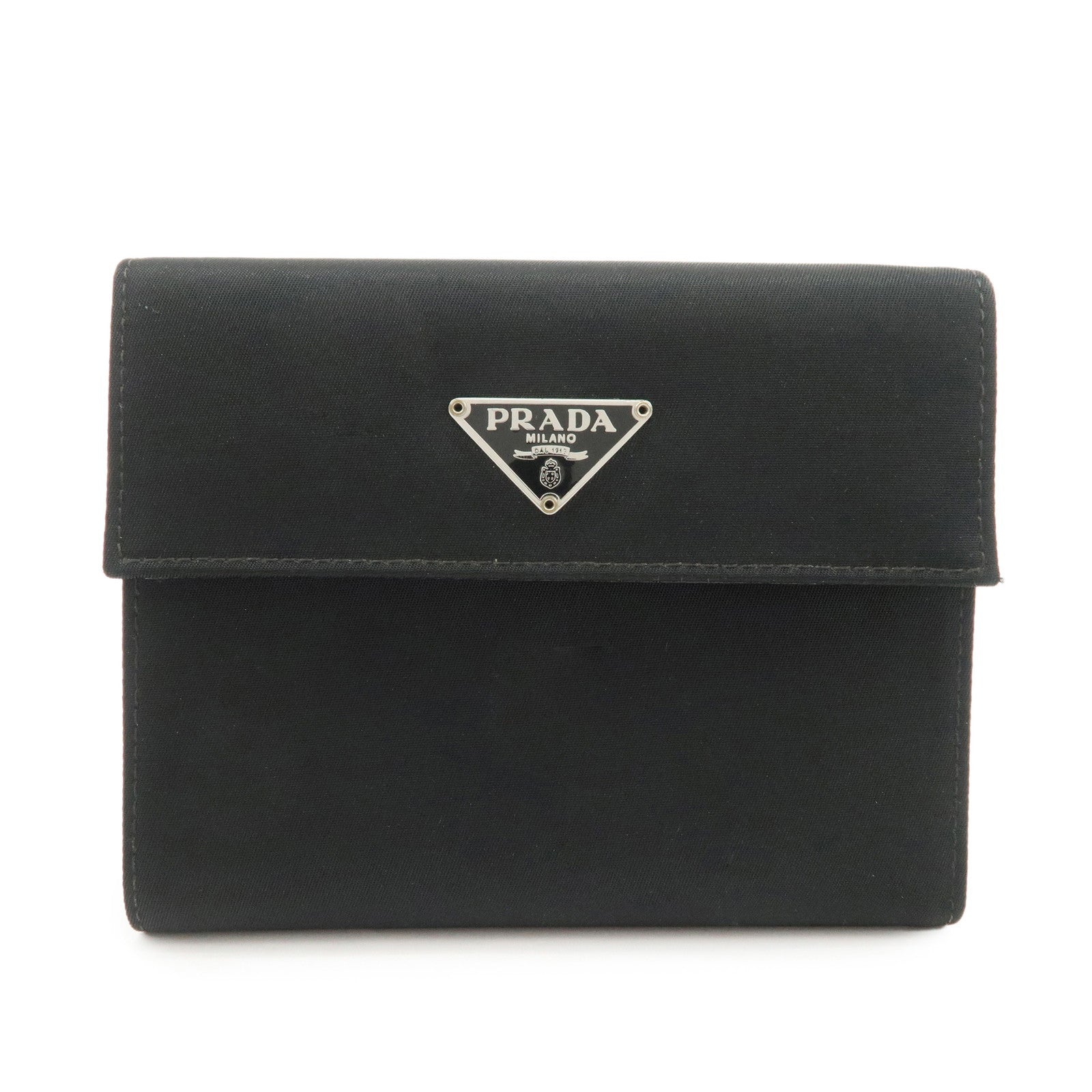 PRADA Triangle Logo Nylon Leather Tri-fold Compact Wallet Black