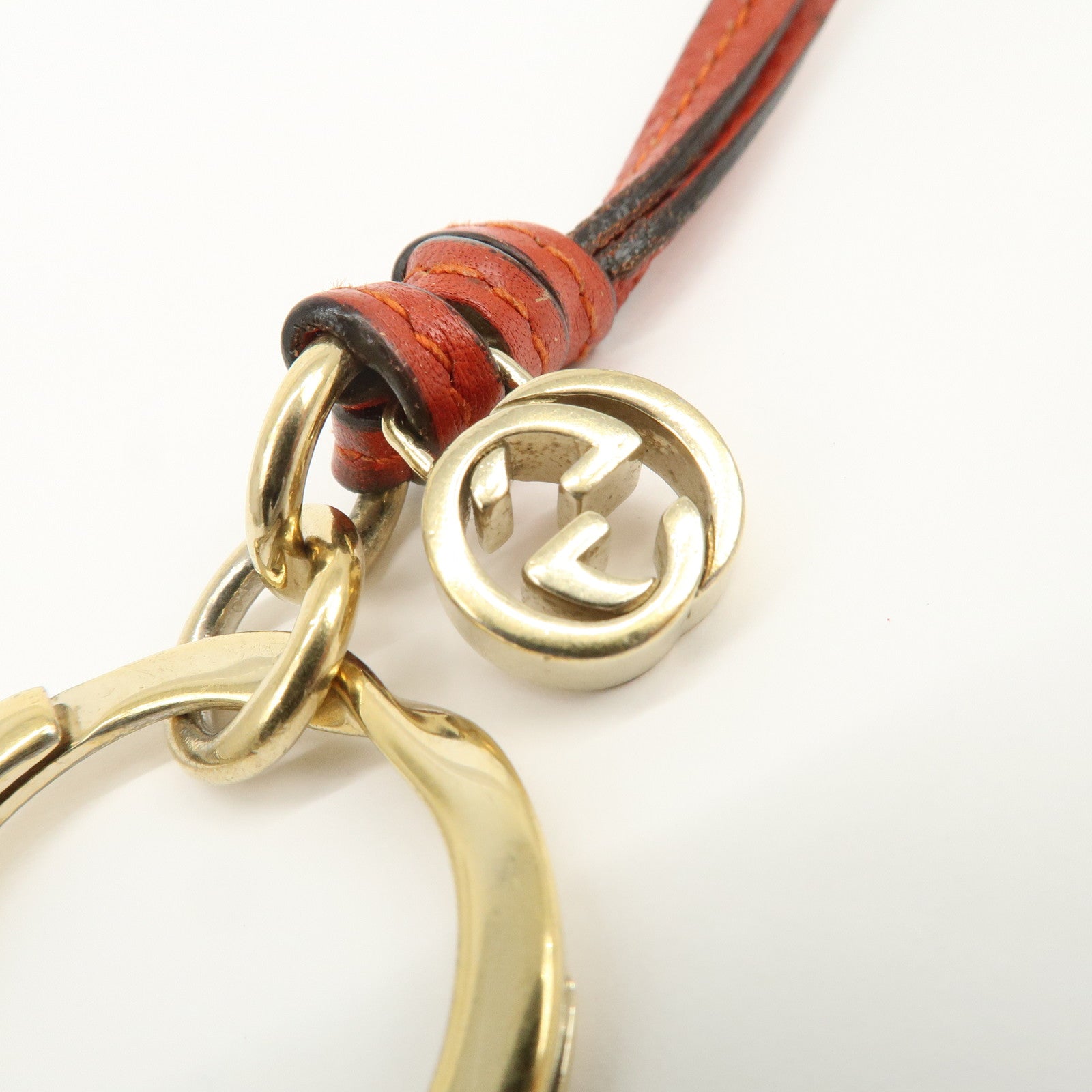 GUCCI Interlocking G Leather Metal Bag Charm Key Chain Orange Gold