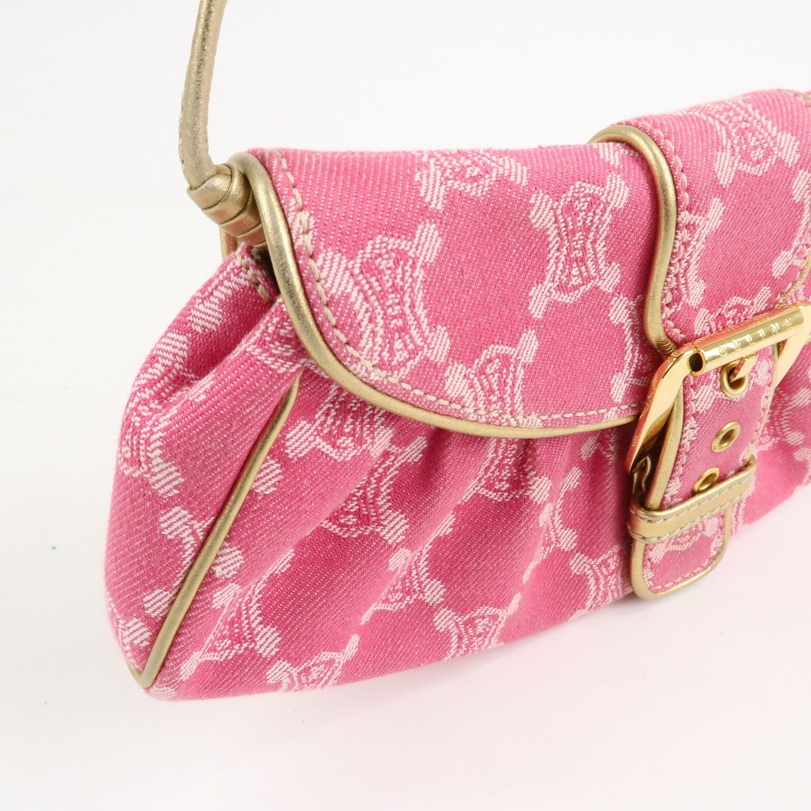 CELINE Triomphe Leather Canvas Shoulder Bag Hand Bag Pink Gold