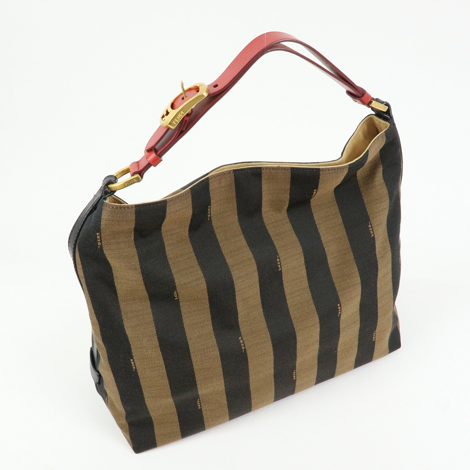 FENDI Pequin Canvas Leather Shoulder Bag Brown Red 8BR653