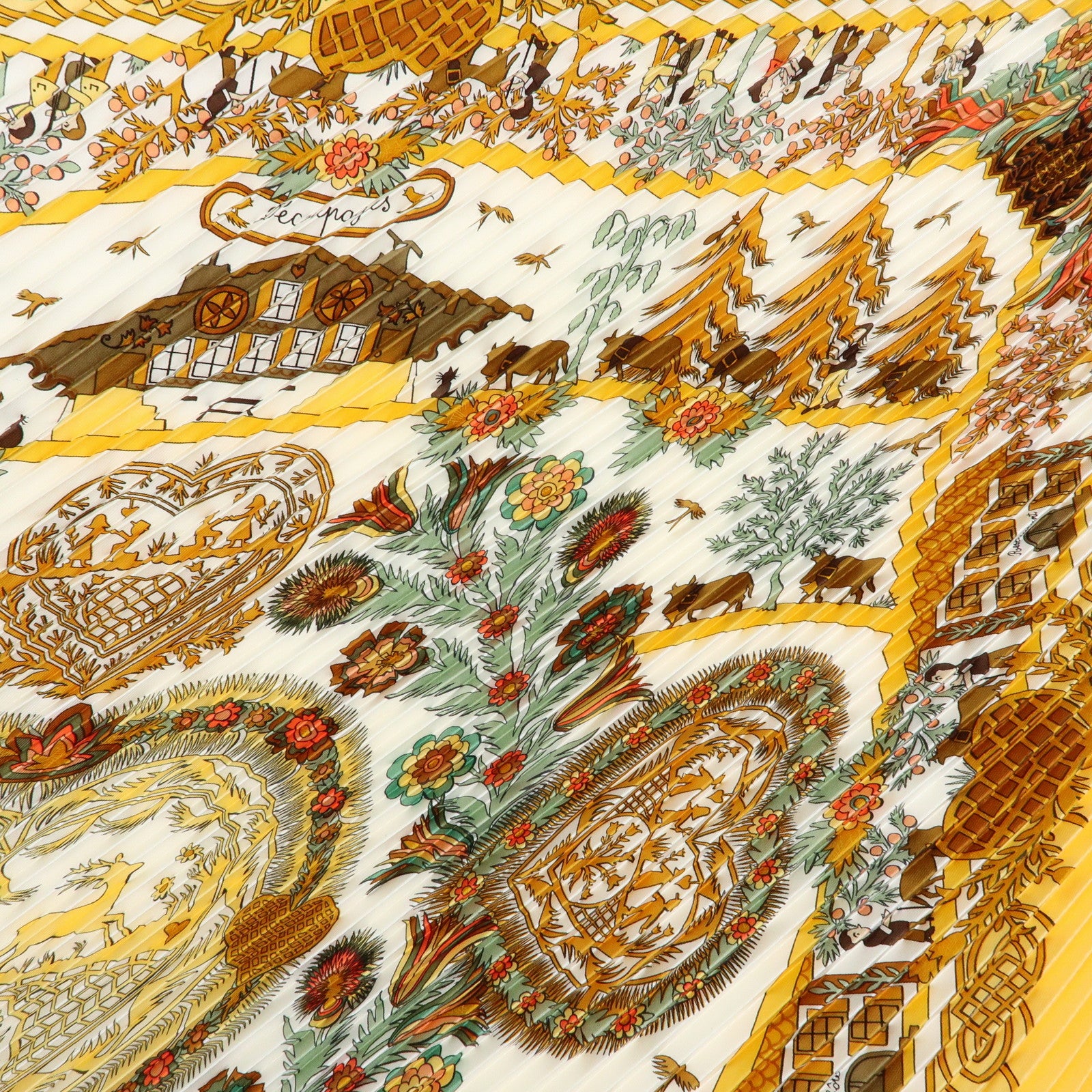 HERMES Pleated Carre 90 Silk 100% Scarf DECOUPAGES Yellow Orange