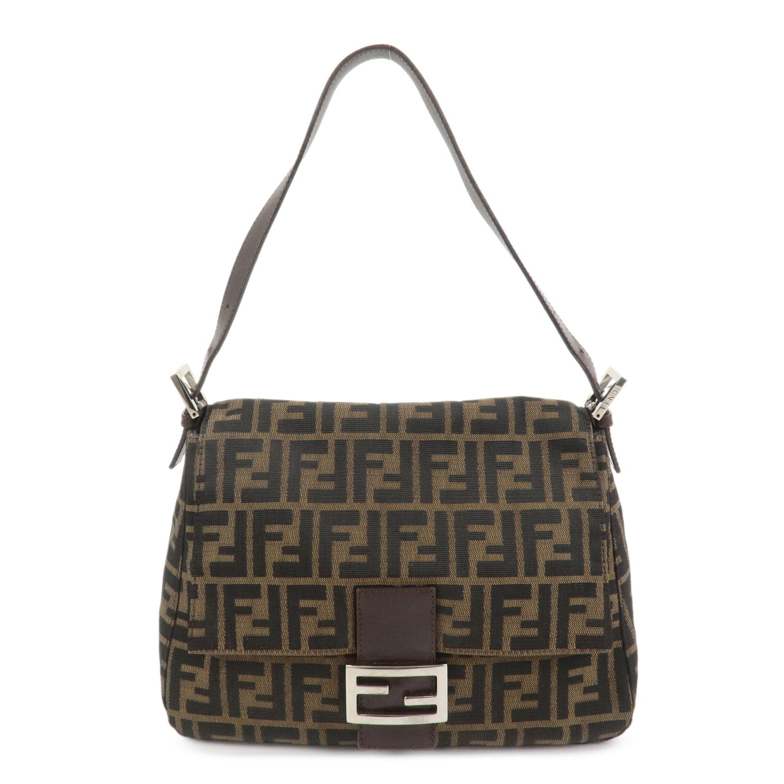 FENDI Mamma Baguette Zucca Canvas Leather Shoulder Bag Brown 26325