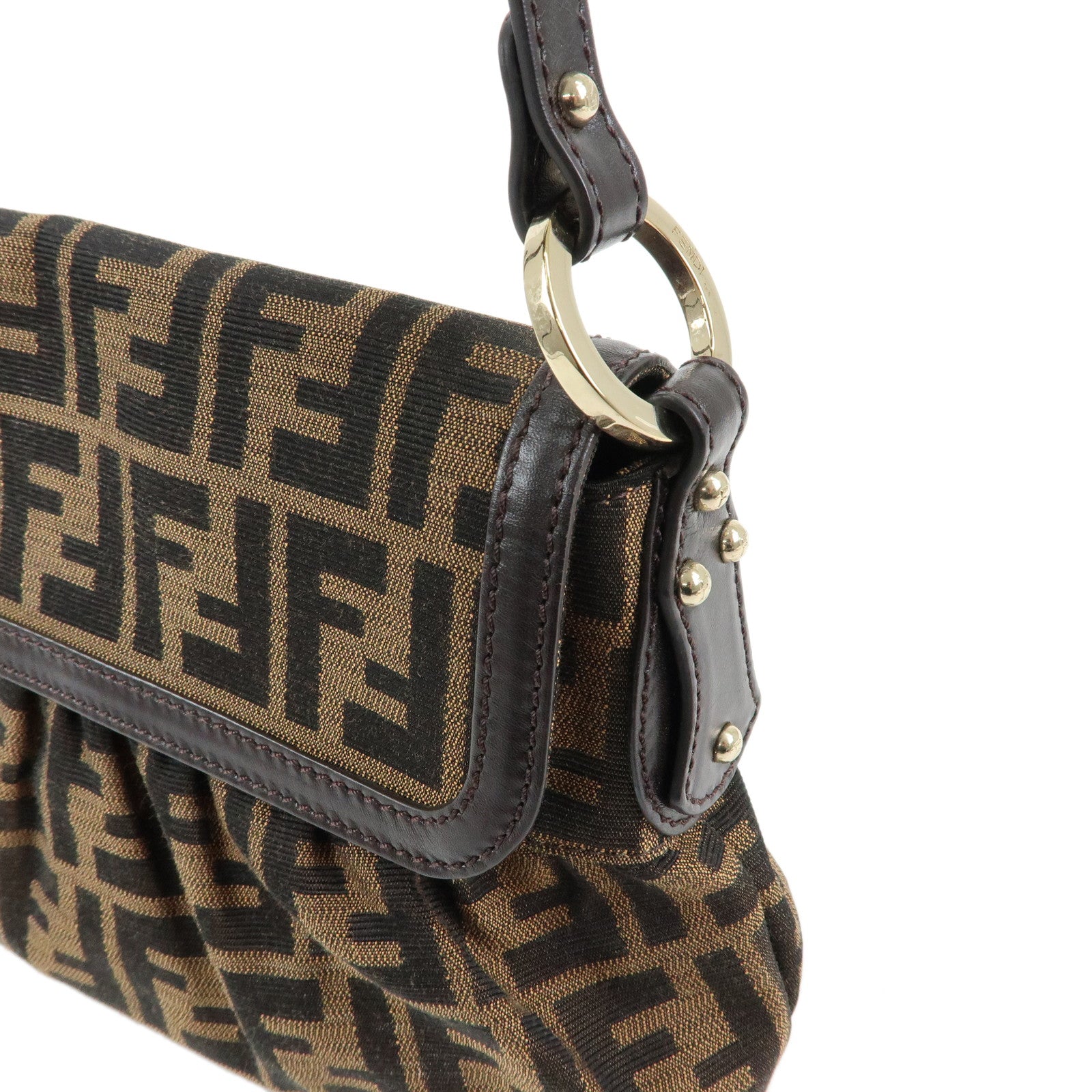 FENDI Zucca Canvas Leather Shoulder Bag Hand Bag Brown Black 8BR445