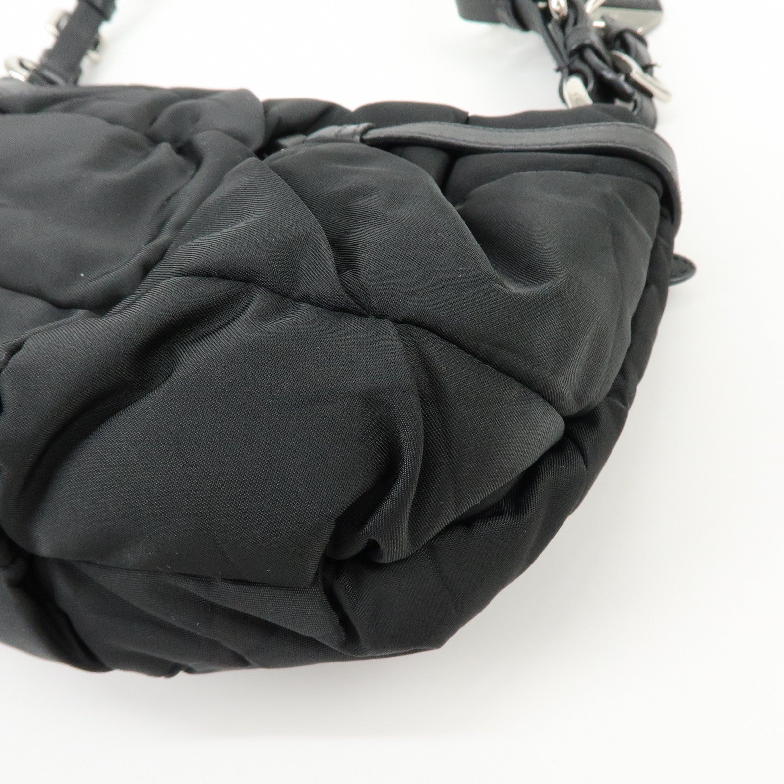 PRADA Logo Nylon Puffy Leather Shoulder Bag Hand Bag Black Silver