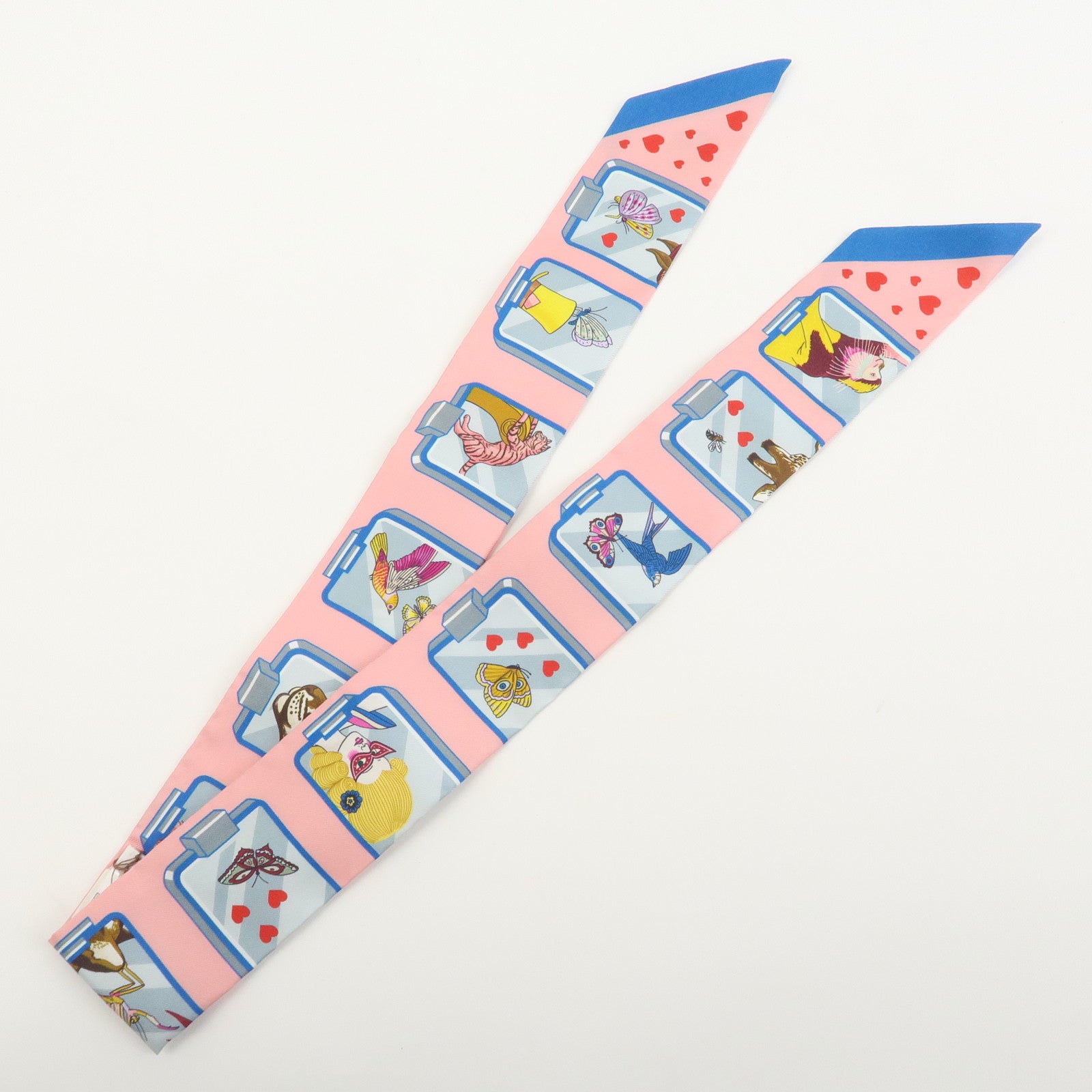 HERMES Twilly Silk 100% HERMES STORY Scarf Pink Blue