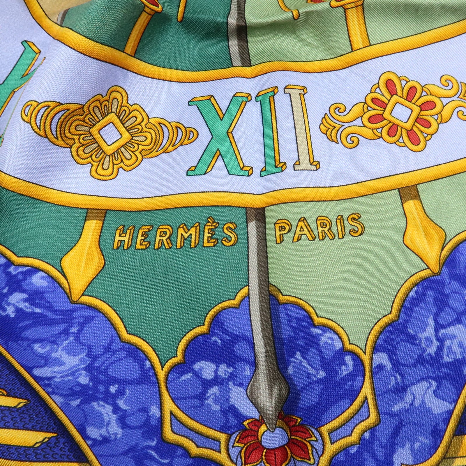 HERMES Carre 90 Silk 100% Scarf CARPE DIEM Blue Gold