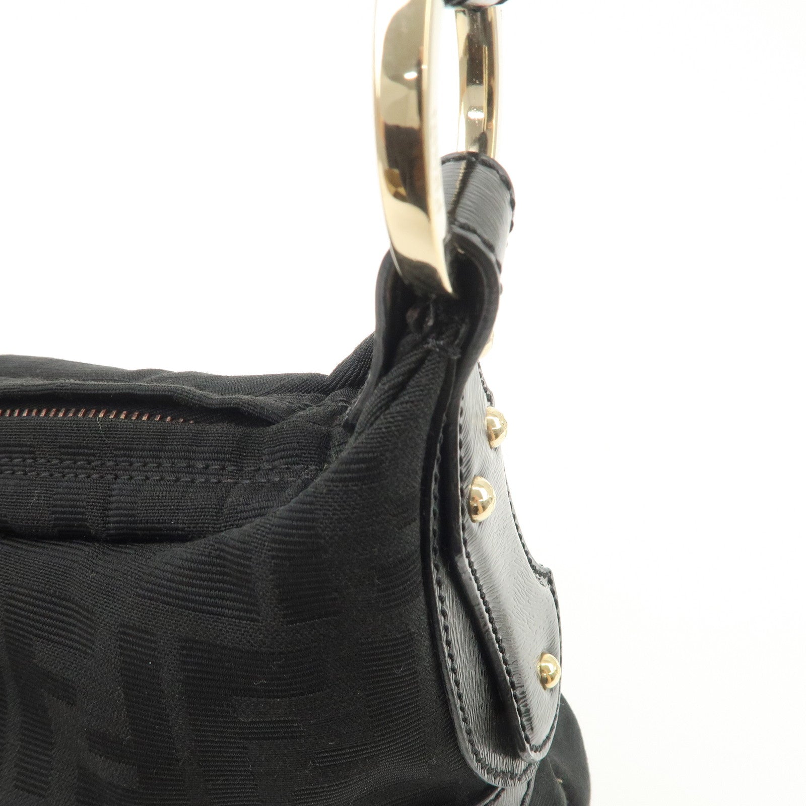 FENDI Zucca Canvas Leather Gathered Shoulder Bag Black 8BR448