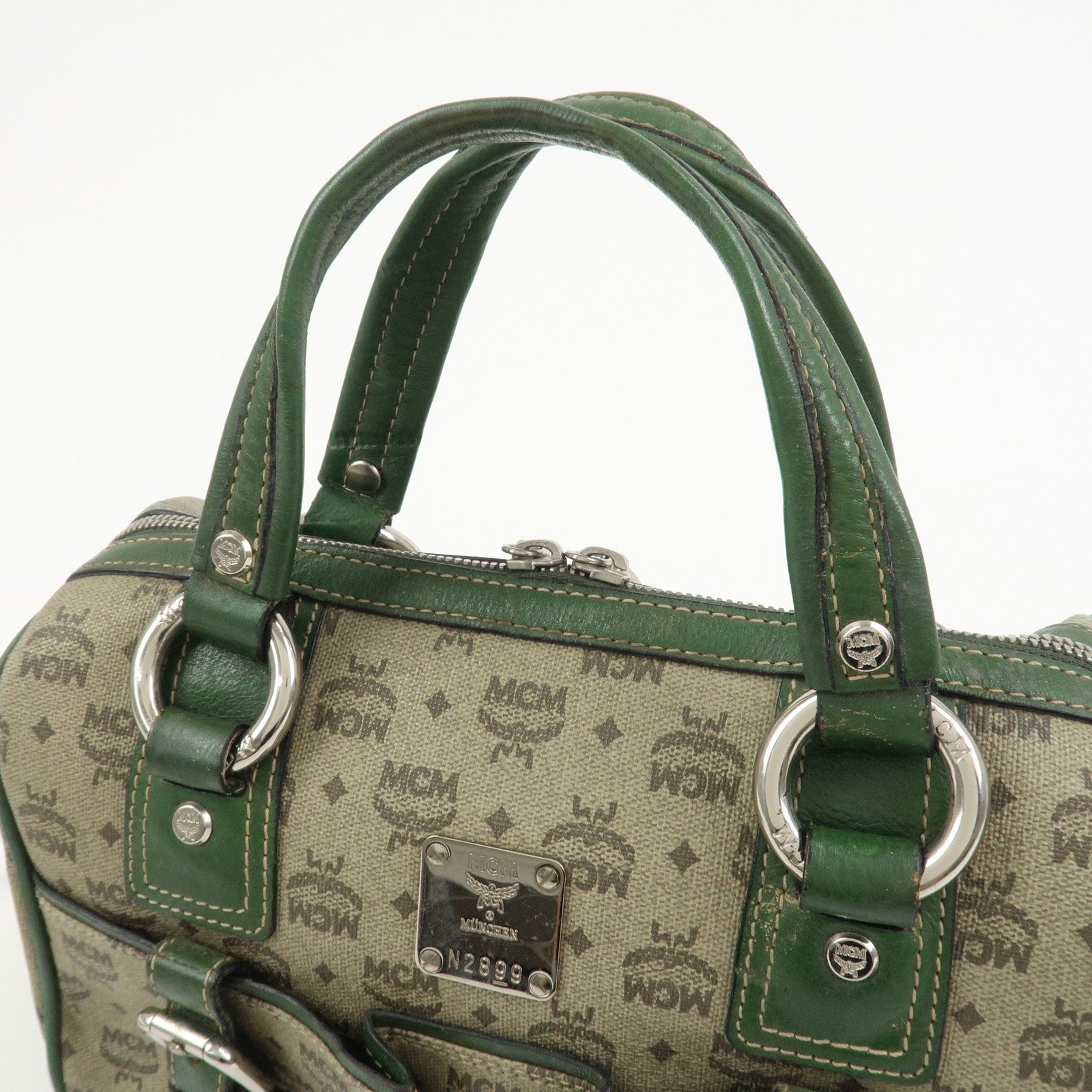 MCM Visetos PVC Coating Canvas Leather Boston Bag Beige Green