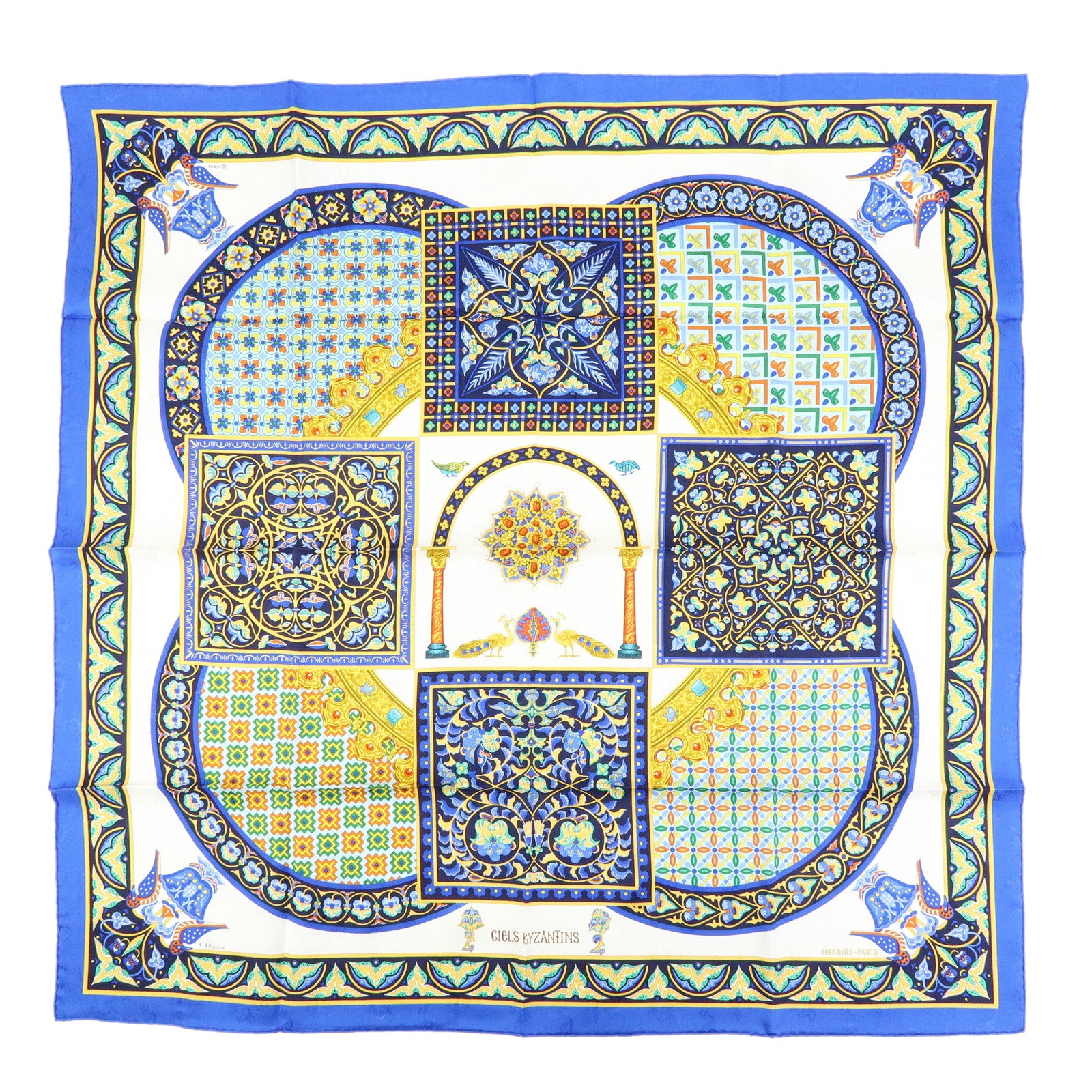 HERMES Carre 90 Silk 100% Scarf CIELS BYZANTINS Blue White