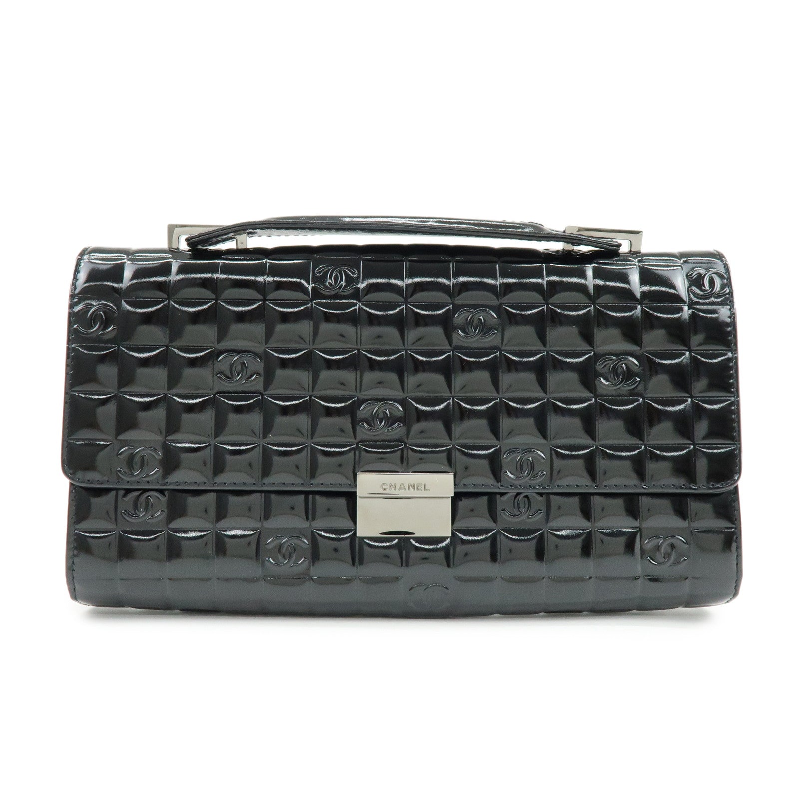 CHANEL Chocolate Bar COCO Mark Patent Leather Hand Bag Black