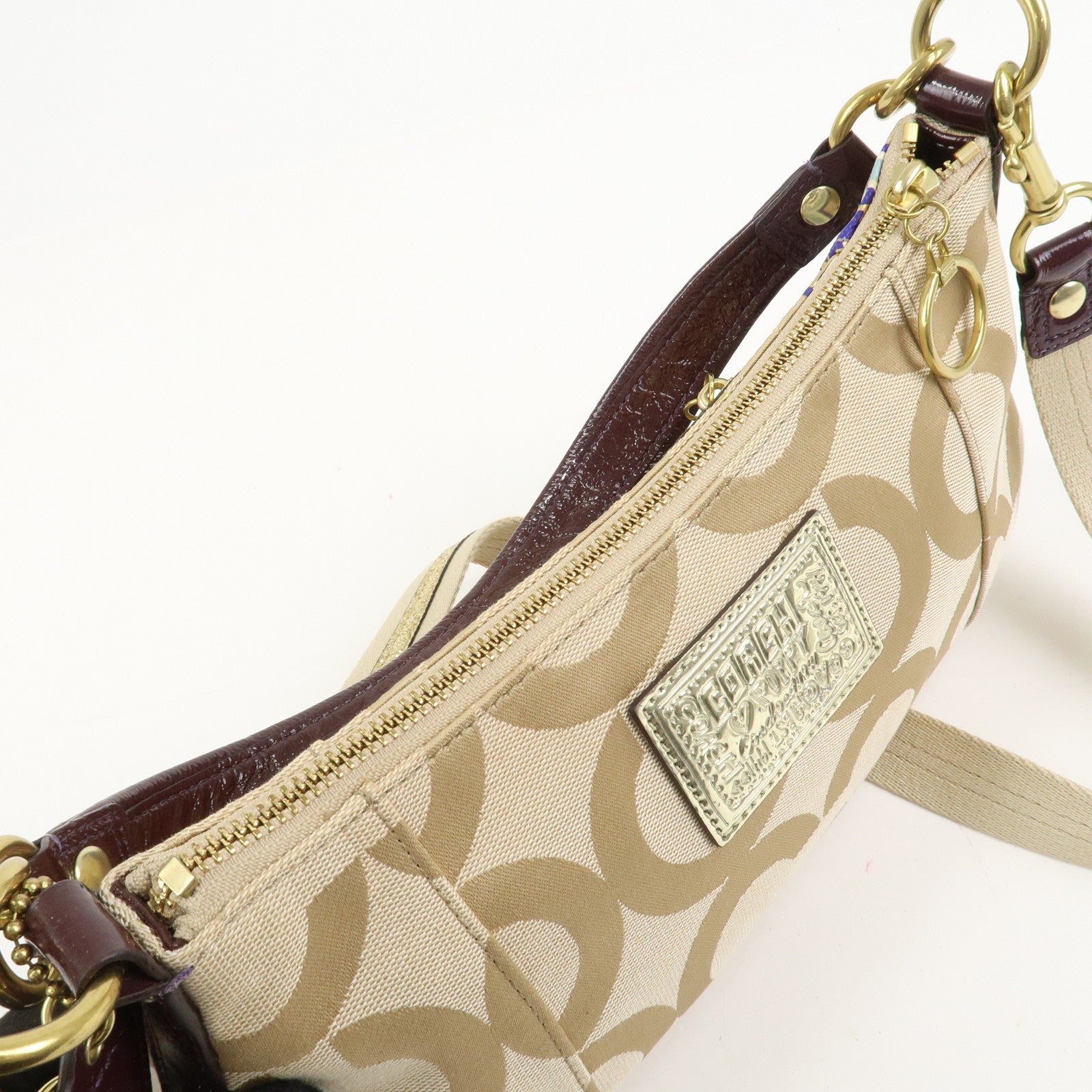 COACH POPPY Canvas Patent Leather 2Way Shoulder Bag Hand Bag Beige