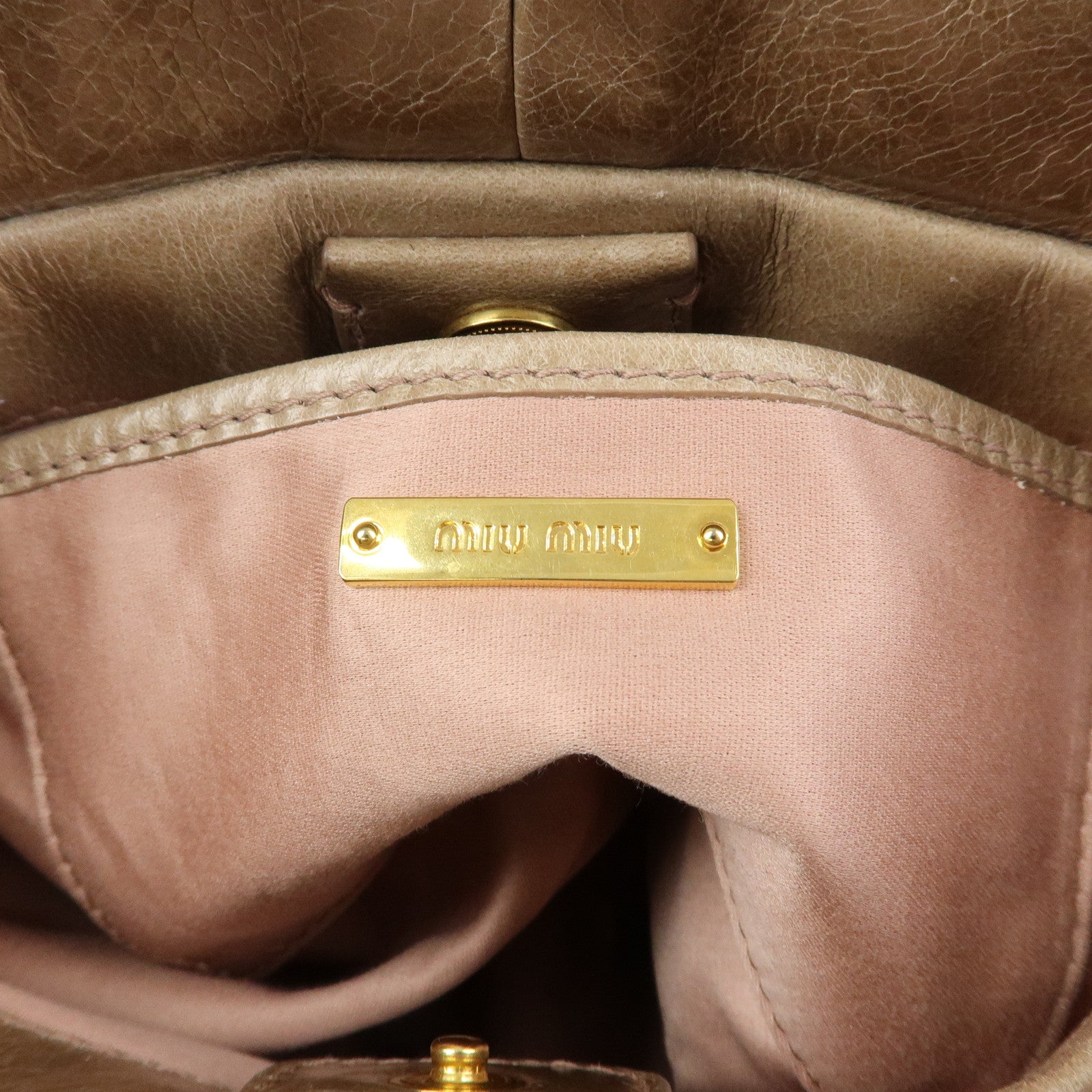 MIU MIU Logo Leather 2Way Bag Hand Bag Shoulder Bag Beige RN0647