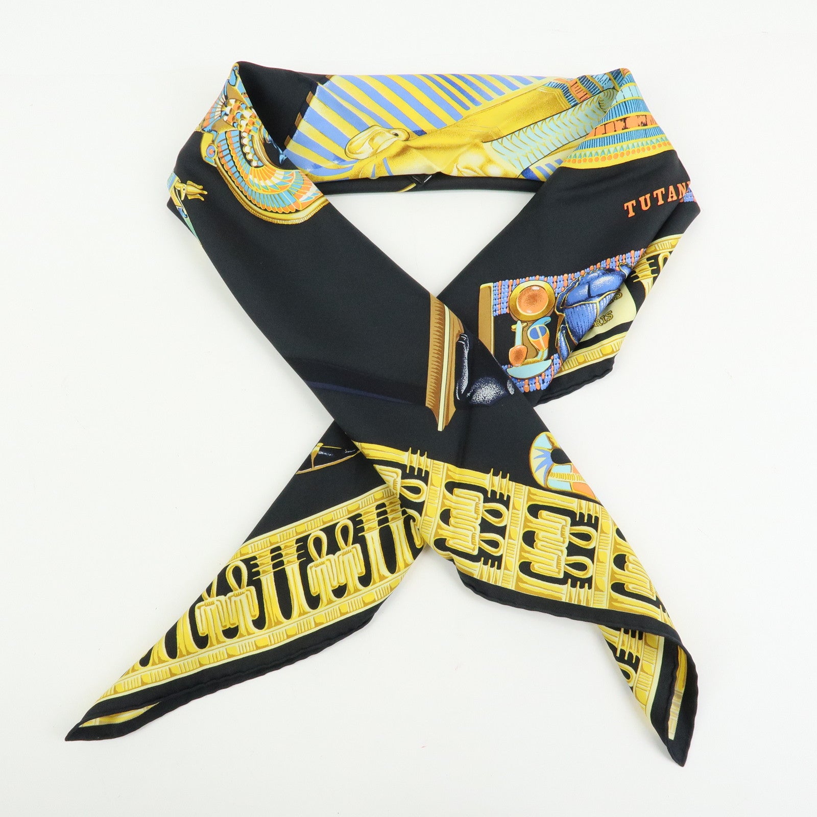 HERMES Carre 90 Silk 100% TUTANKHAMUN Scarf Gold Black