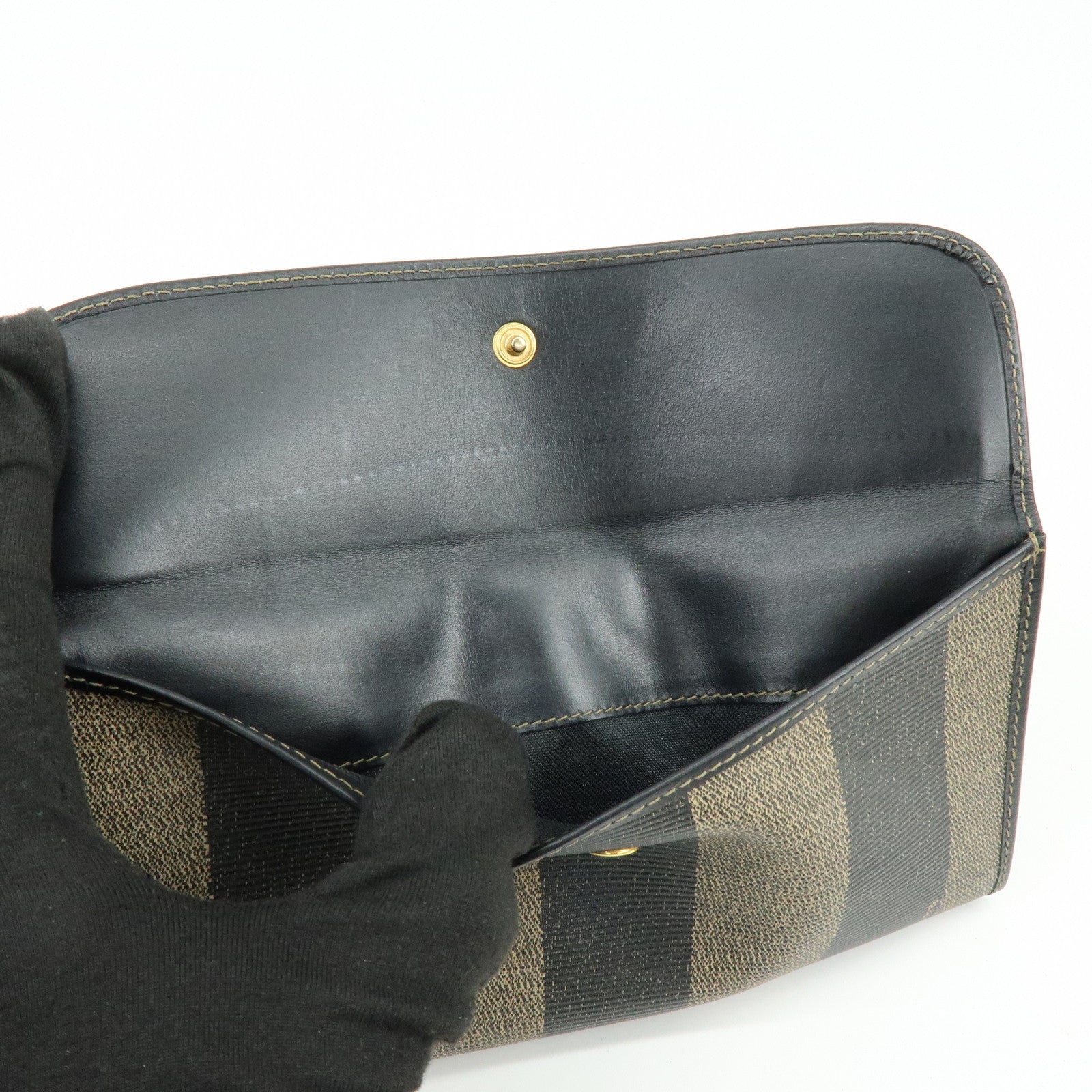 FENDI Pequin Leather PVC Long Wallet Beige Black 30806