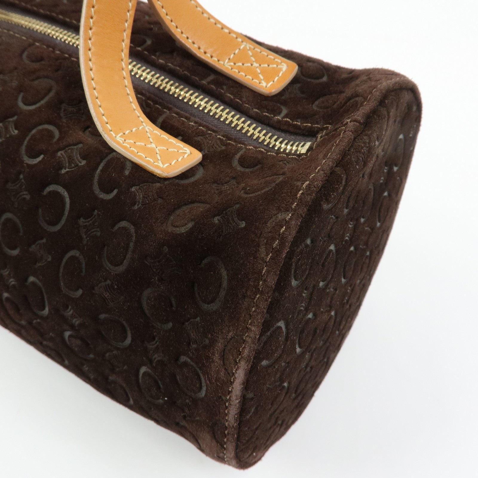 CELINE C Macadam Suede Leather Hand Bag Drum Bag Dark Brown