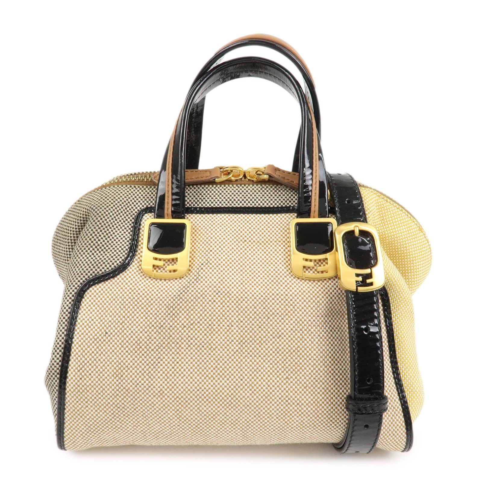 FENDI Chameleon Canvas Patent Leather 2Way Hand Bag Beige 8BL117