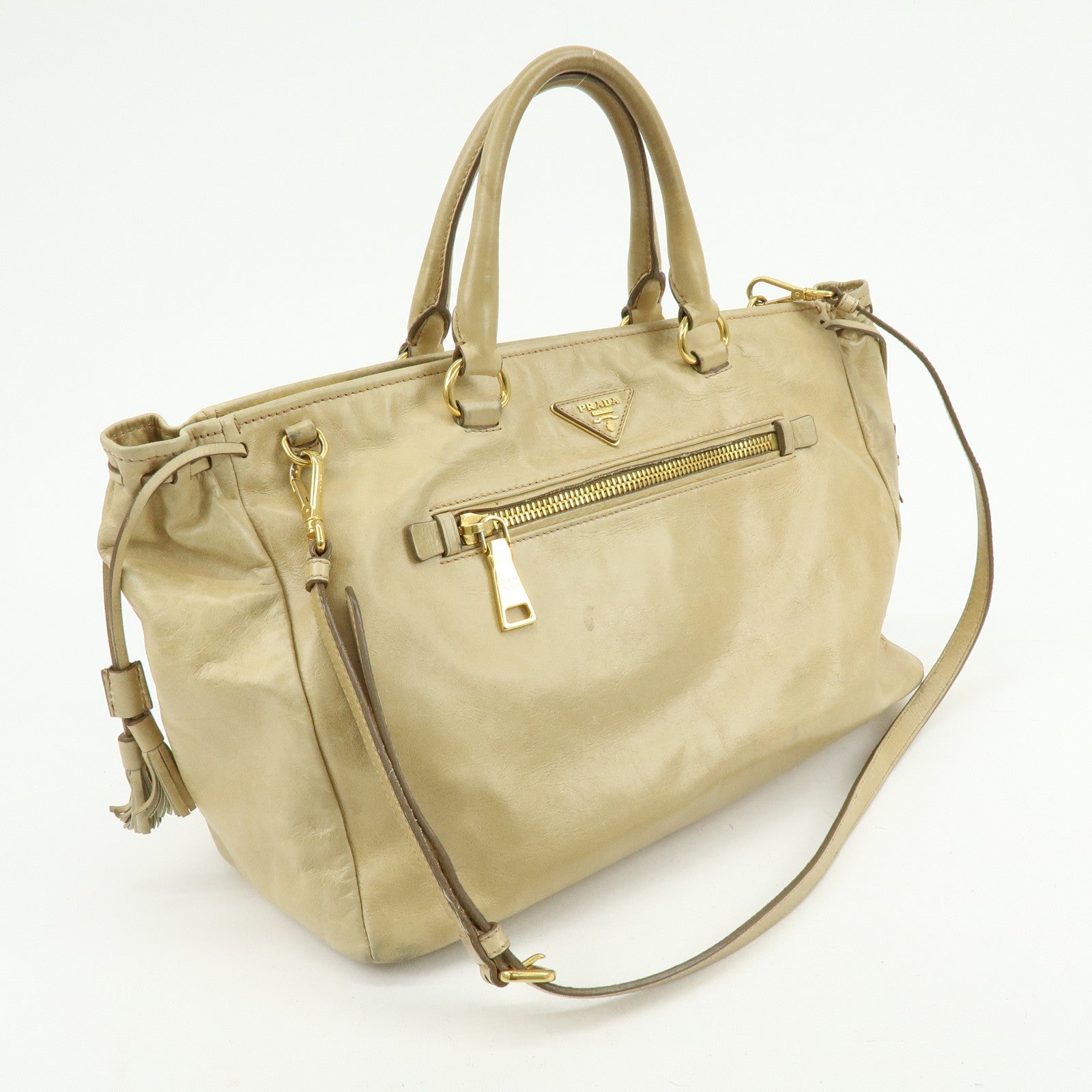 PRADA Logo Leather 2Way Shoulder Bag Hand Bag BN1921 Beige