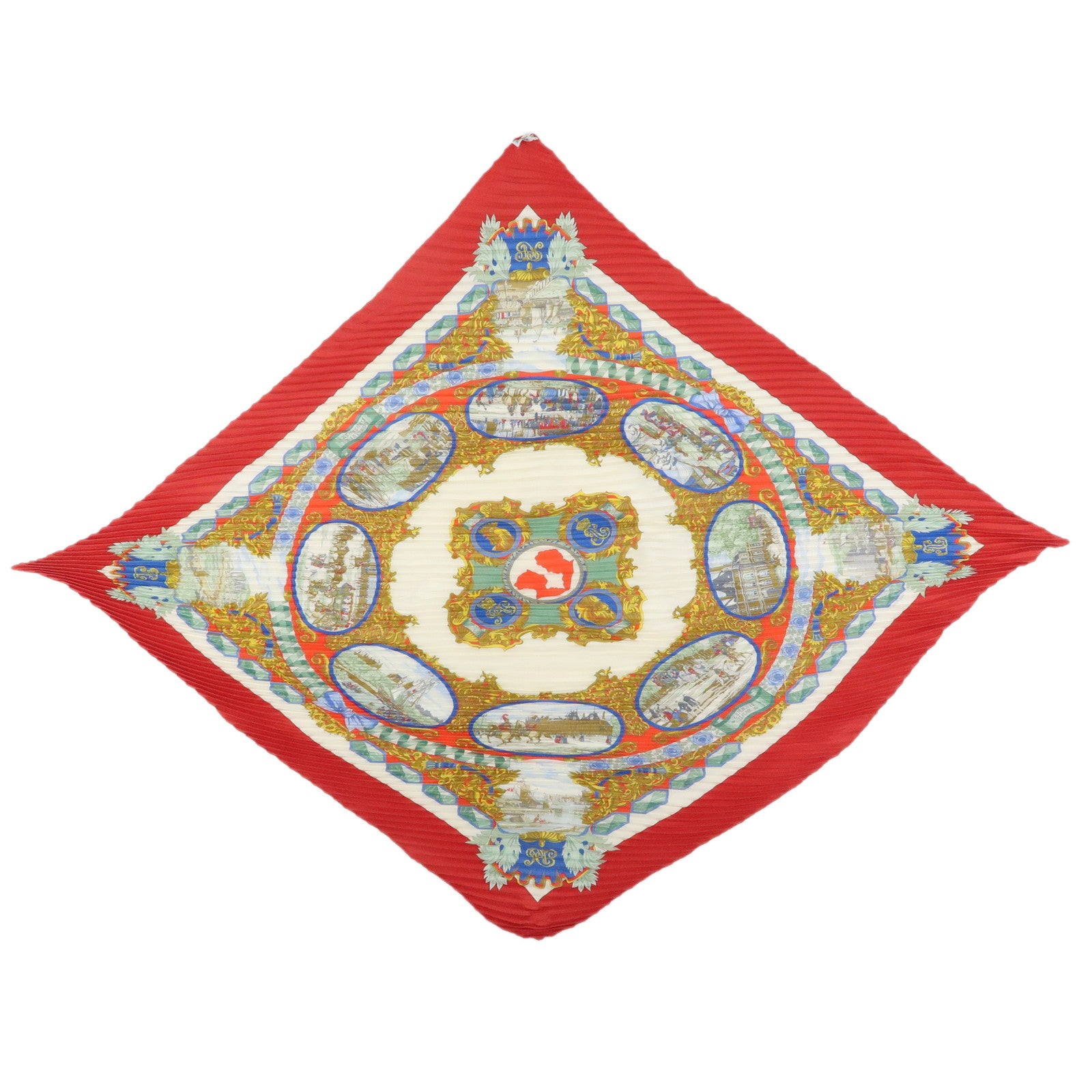 HERMES Pleated Carre Silk 100% Scarf L'ENTENTE CORDIALE Red Blue