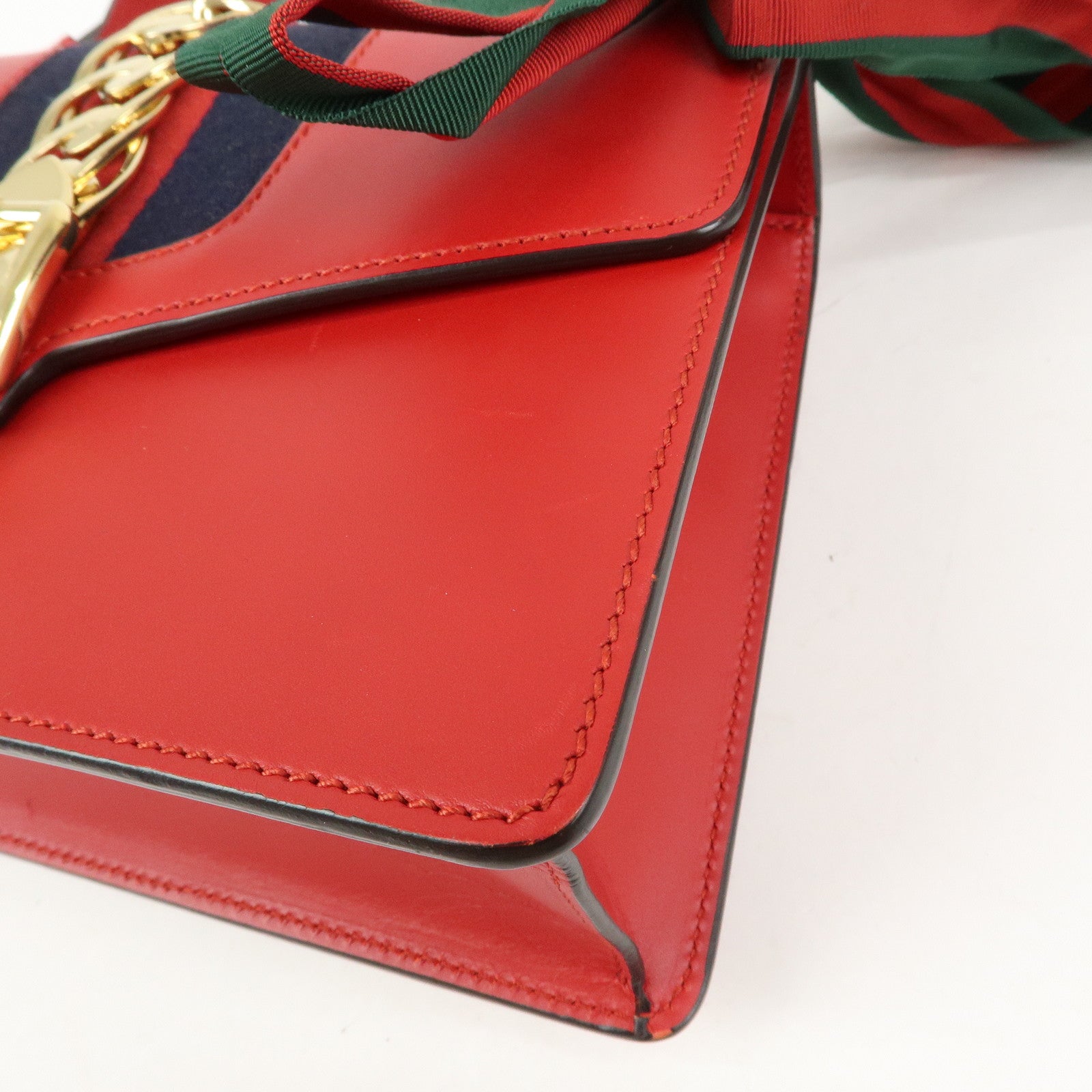 GUCCI Sylvie Sherry Leather Shoulder Bag Ribbon Red Navy 421882