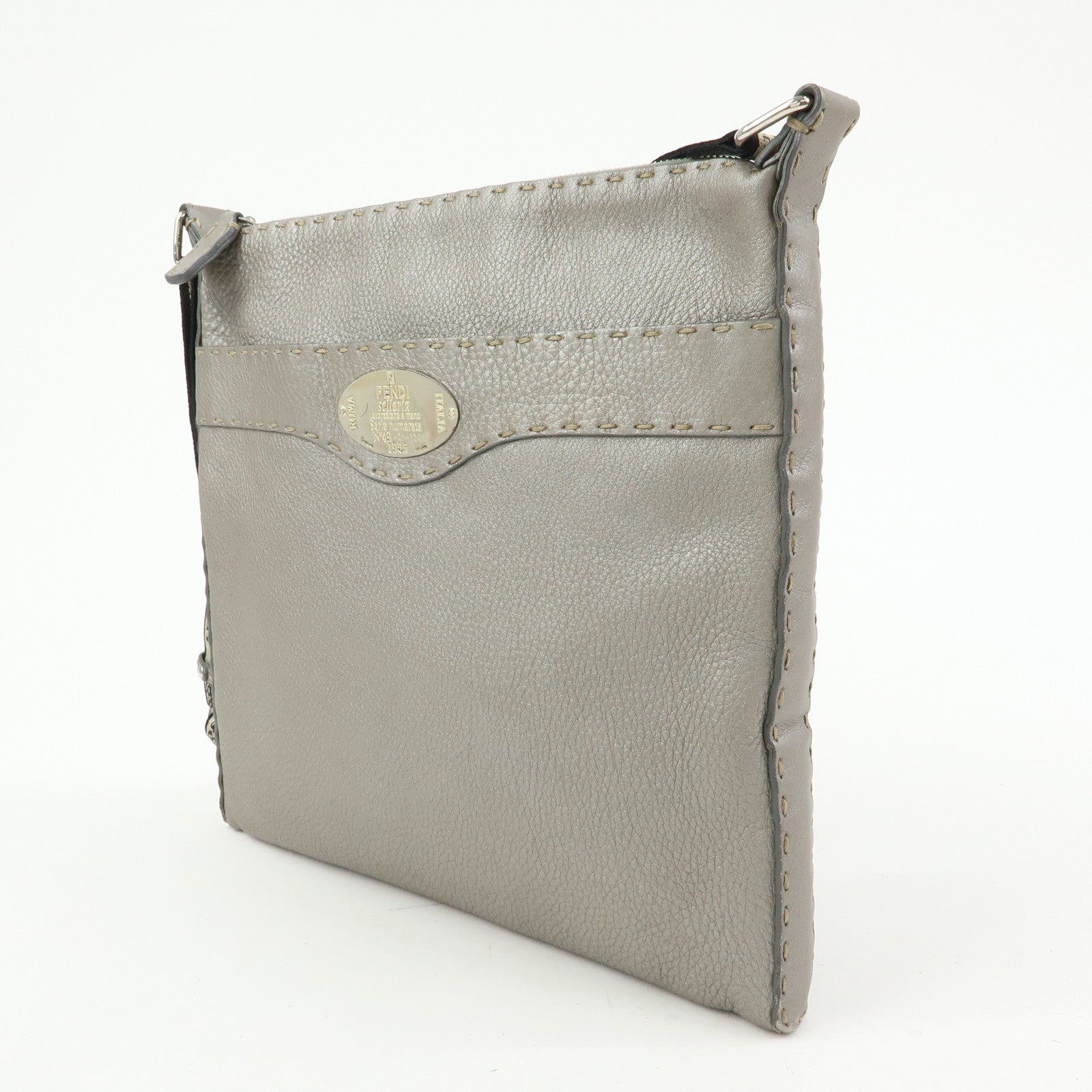 FENDI Selleria Leather Shoulder Crossbody Bag Metallic Grey 8BT109