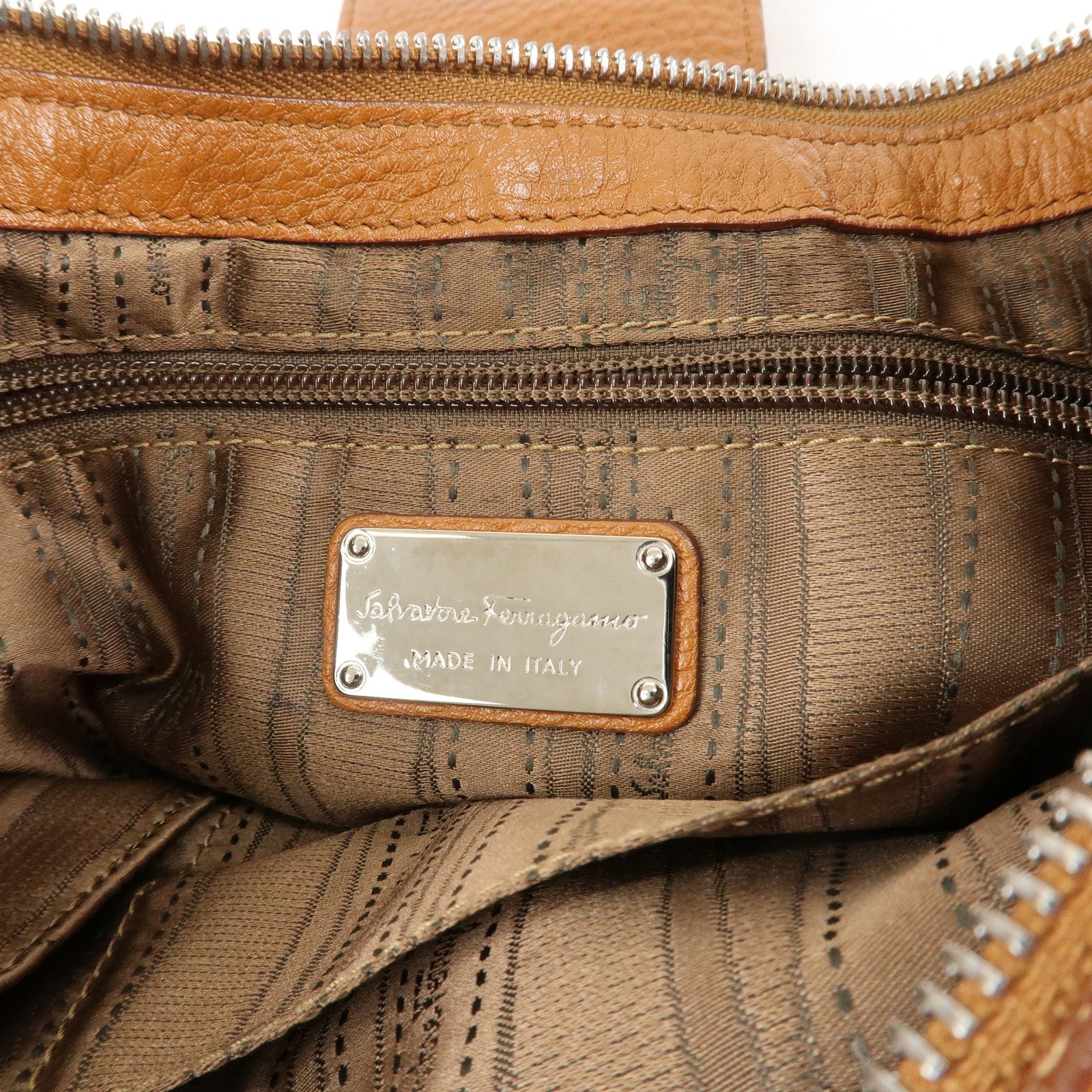 Ferragamo Gancini Leather Shoulder Bag Brown Silver Hardware Used