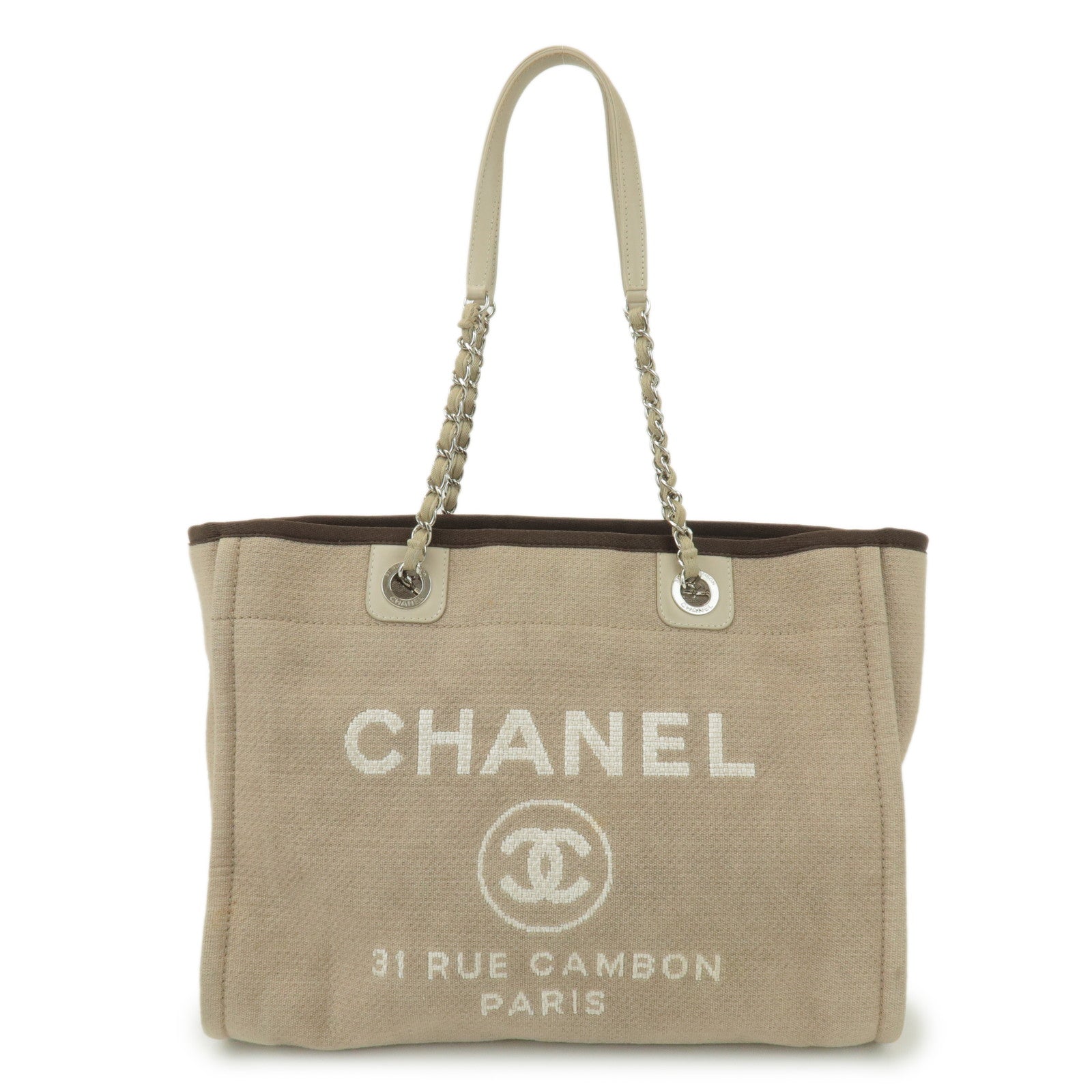 CHANEL Deauville GM Canvas Leather 2Way Tote Bag Beige A66941
